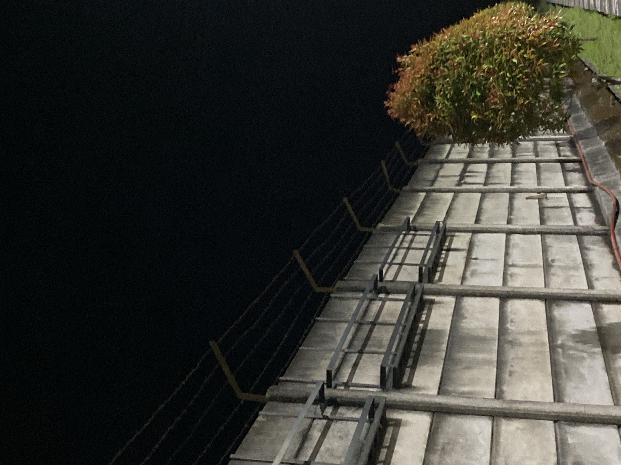 The image depicts a close-up view of a rooftop at night, with a dark, featureless sky dominating the left side of the frame. On the right, a section of a tiled roof is visible, laid out in a grid pattern. Several metal railings or safety barriers are present on the roof, extending upwards and to the right, casting shadows on the tiled surface. A lush green and reddish-brown bush is situated on the far right of the rooftop, its foliage illuminated by an unseen light source. A red cable or hose runs along the edge of the roof. The scene appears to be outdoors, possibly in Gambut Barat, Indonesia, given the context. The time of day is clearly night due to the deep blackness of the sky. There are no people or animals visible in the image. The overall impression is one of an industrial or functional rooftop area at rest, illuminated by artificial light.