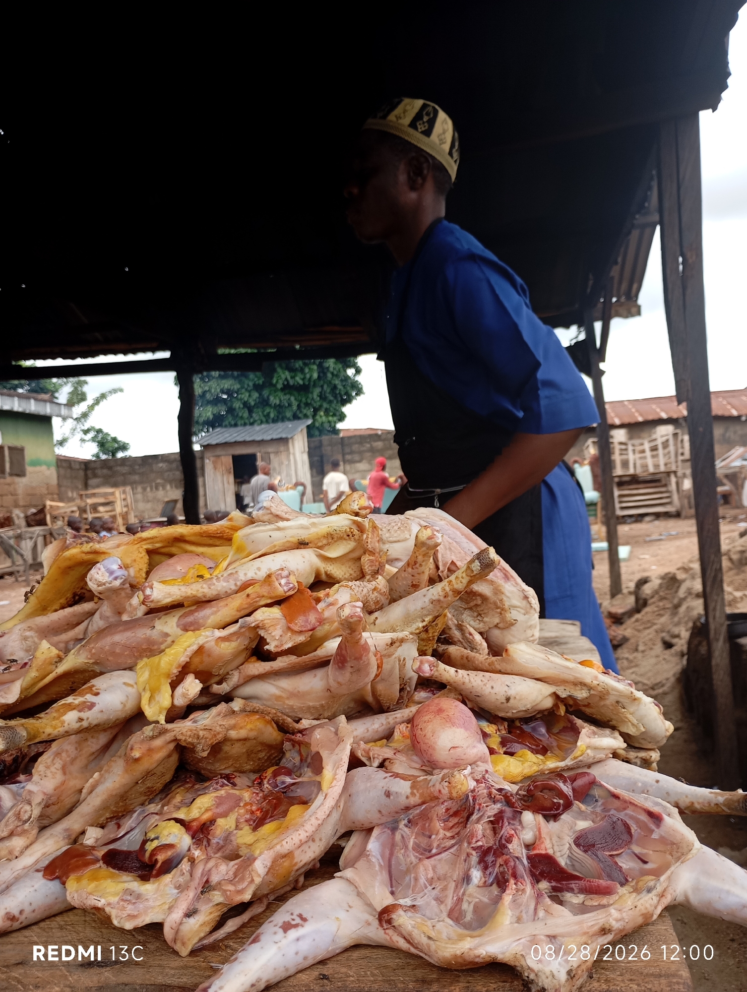A man wearing a blue kaftan and a patterned cap stands behind a pile of raw chickens at an outdoor market in Shendam, Nigeria. The chickens are displayed on a wooden surface, some are whole, while others have been prepared for cooking, revealing their internal organs. The market appears to be a humble setup with a corrugated metal roof providing shade and a background of various buildings and dusty ground. Other people can be seen in the background, suggesting a bustling marketplace. The image is dated 08/28/2026 and displays the text "REDMI 13C".