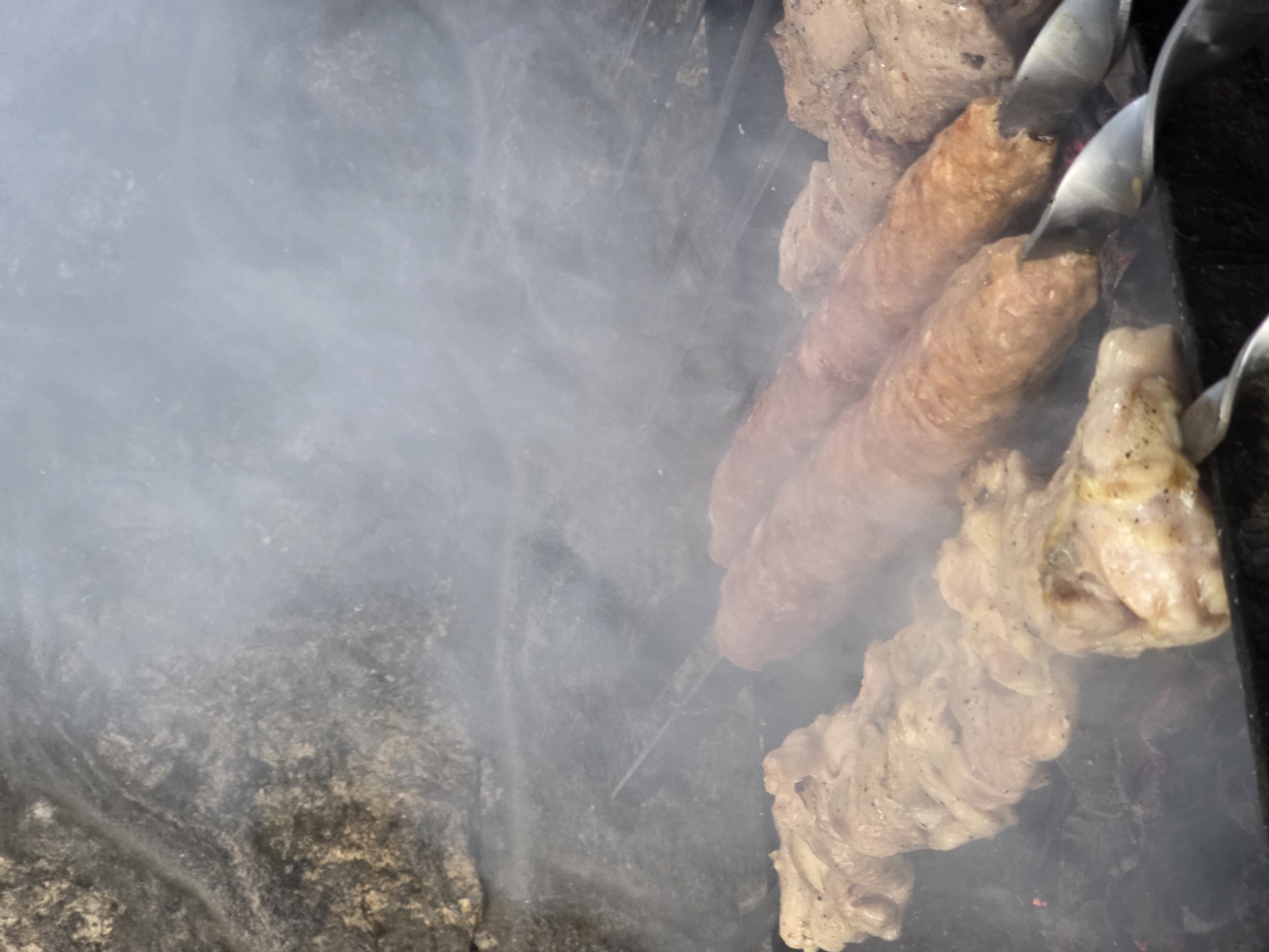The media file shows a close-up view of meat being grilled over coals, with smoke billowing around it. The scene is dominated by skewers of meat, including two elongated, reddish-brown sausages and pieces of lighter-colored meat, possibly chicken, on other skewers. The meat appears to be seasoned and is in the process of cooking, with some charring and browning visible. The background is a blur of gray smoke and dark, rough textures that suggest a grill or campfire setting. The image captures the sensory experience of cooking meat outdoors. No people are visible, and there is no visible text. The lighting suggests it is daytime. The location context is Pidhorodne, Ukraine, which implies an outdoor setting, likely a barbecue or picnic. The overall impression is one of a rustic, flavorful meal being prepared.