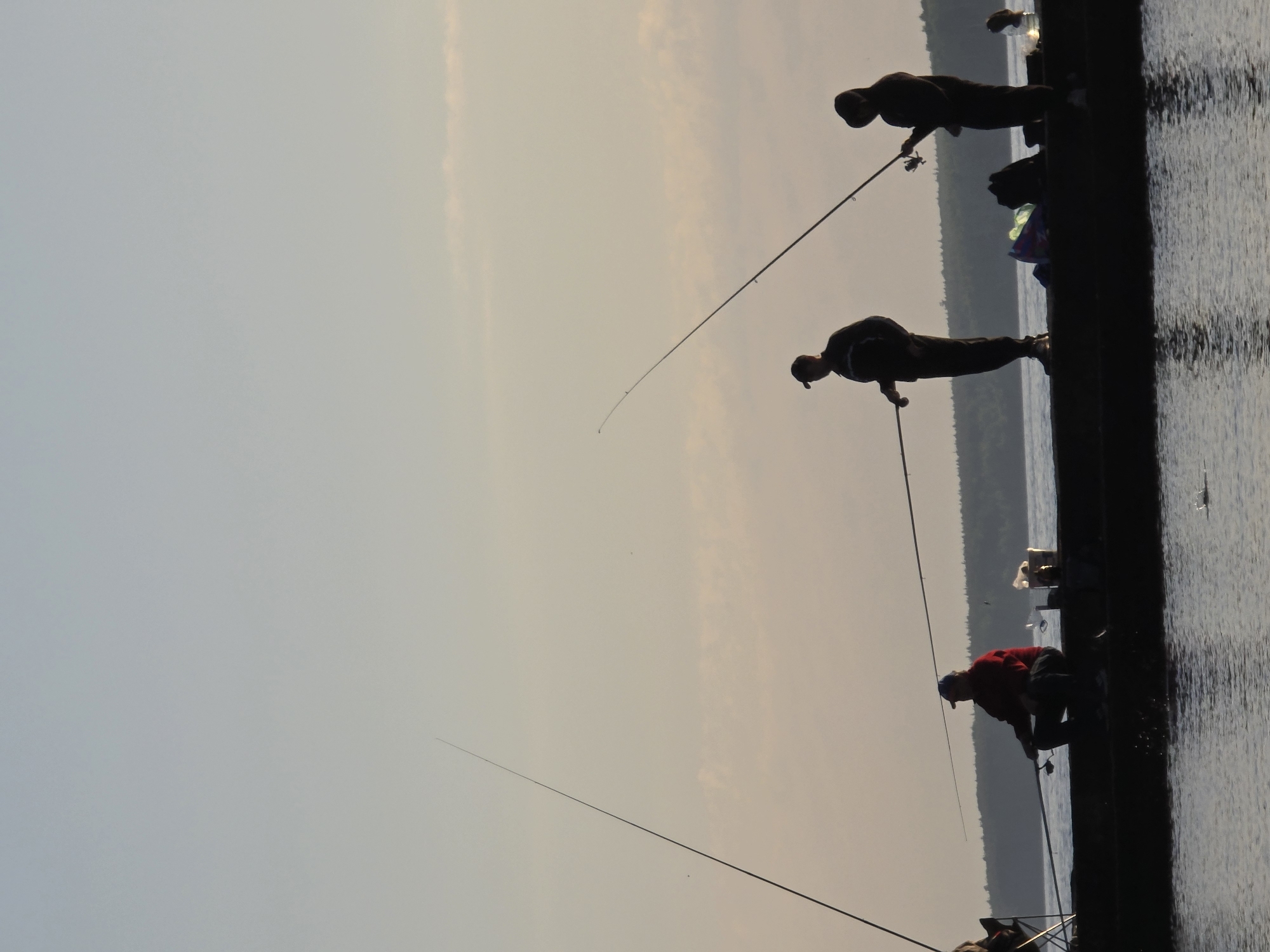 Several individuals are fishing from a pier in Chaikovsky, Russia. The scene is captured at an oblique angle, with the pier running roughly vertically through the right side of the image. Three figures are clearly visible on the pier, each holding a fishing rod. One person is wearing a red shirt. The rods extend out over the water. The sky appears overcast. A strip of forest is visible in the background between the sky and the pier.