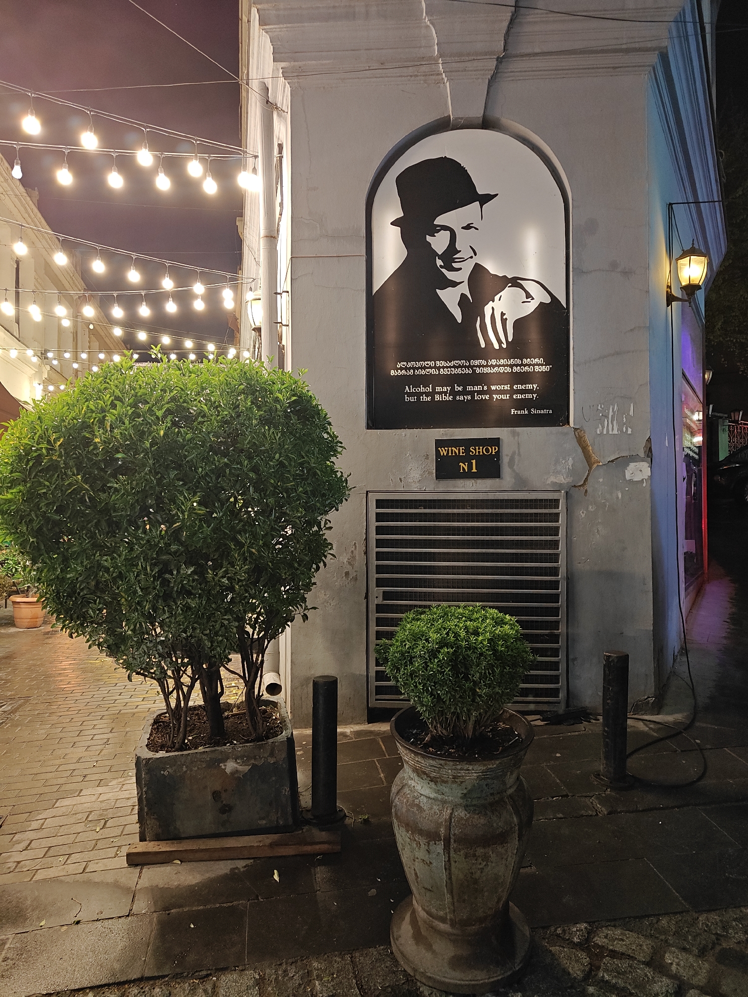 An evening street scene in Tbilisi, Georgia, captures a cozy, illuminated alleyway or pedestrian street after rain. The focal point is an arched recess on a building wall, featuring a black and white stencil-style image of Frank Sinatra, wearing a fedora and smiling. Below his image, a quote is displayed in both Georgian and English: "Alcohol may be man's worst enemy, but the Bible says love your enemy. Frank Sinatra."
Beneath this artwork, a black sign clearly reads "WINE SHOP N1". Below the sign is a metal grate, possibly a ventilation cover, and a smaller, well-trimmed green bush in an ornate, weathered pot rests on the ground. To the left, a larger, lush green potted bush dominates the foreground, placed in a rectangular concrete planter on a wet, brick-paved surface. The ground throughout the image appears damp, reflecting the overhead lights, suggesting recent precipitation.
Above, numerous strings of warm-toned Edison-style bulbs crisscross the street, casting a soft, inviting glow. A traditional wall-mounted lantern with an amber light illuminates the corner of the building to the right, which shows some visible cracks and wear. Black bollards are placed along the edge of the paved area. The sky is dark, indicating nighttime.