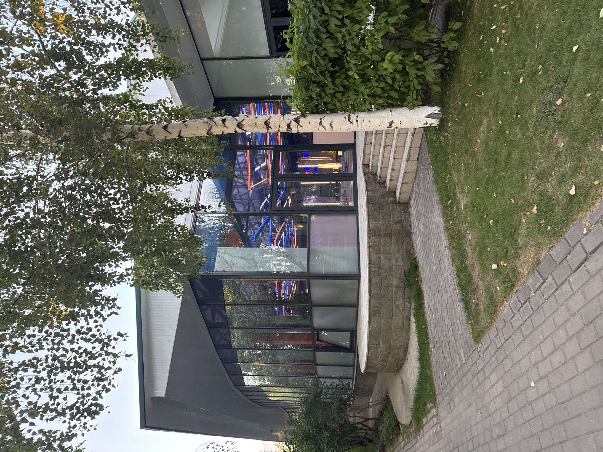 The image shows the exterior of a modern building with a curved glass facade, situated in the city of Sary-Oy, Kyrgyzstan. A prominent birch tree stands in front of the building, its white bark contrasting with the green foliage. The building's interior is visible through the glass, featuring colorful neon lights, suggesting it might be an entertainment venue or a recreational facility. A paved walkway leads towards the entrance, with a set of stone steps providing access to a lower level. Lush green bushes and trees surround the building, and fallen leaves are scattered on the grass and pavement, indicating it might be autumn. The sky is overcast. There are no people visible in the image.