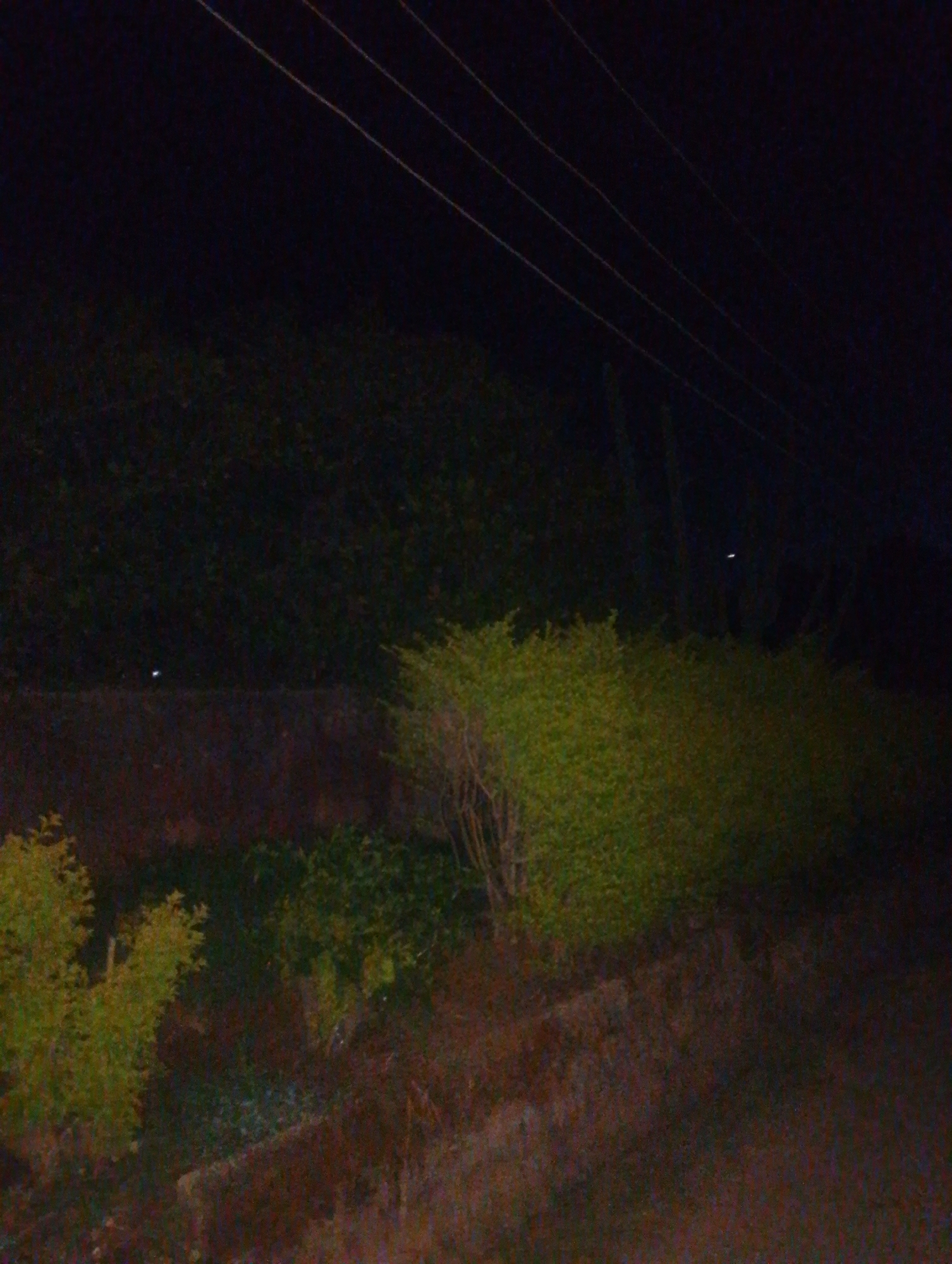 The image depicts an outdoor scene at night, with visible power lines stretching across the dark sky. In the foreground, a dense hedgerow or bush is illuminated by what appears to be ambient light, showing shades of green. To the left, a smaller, lighter-colored bush is also visible. Behind the bushes, a dark, textured wall or embankment runs horizontally across the frame. The overall setting is dark and appears to be a somewhat overgrown or natural area, possibly on the outskirts of a city like Jos, Nigeria. No people or specific structures are discernible in the low-light conditions.