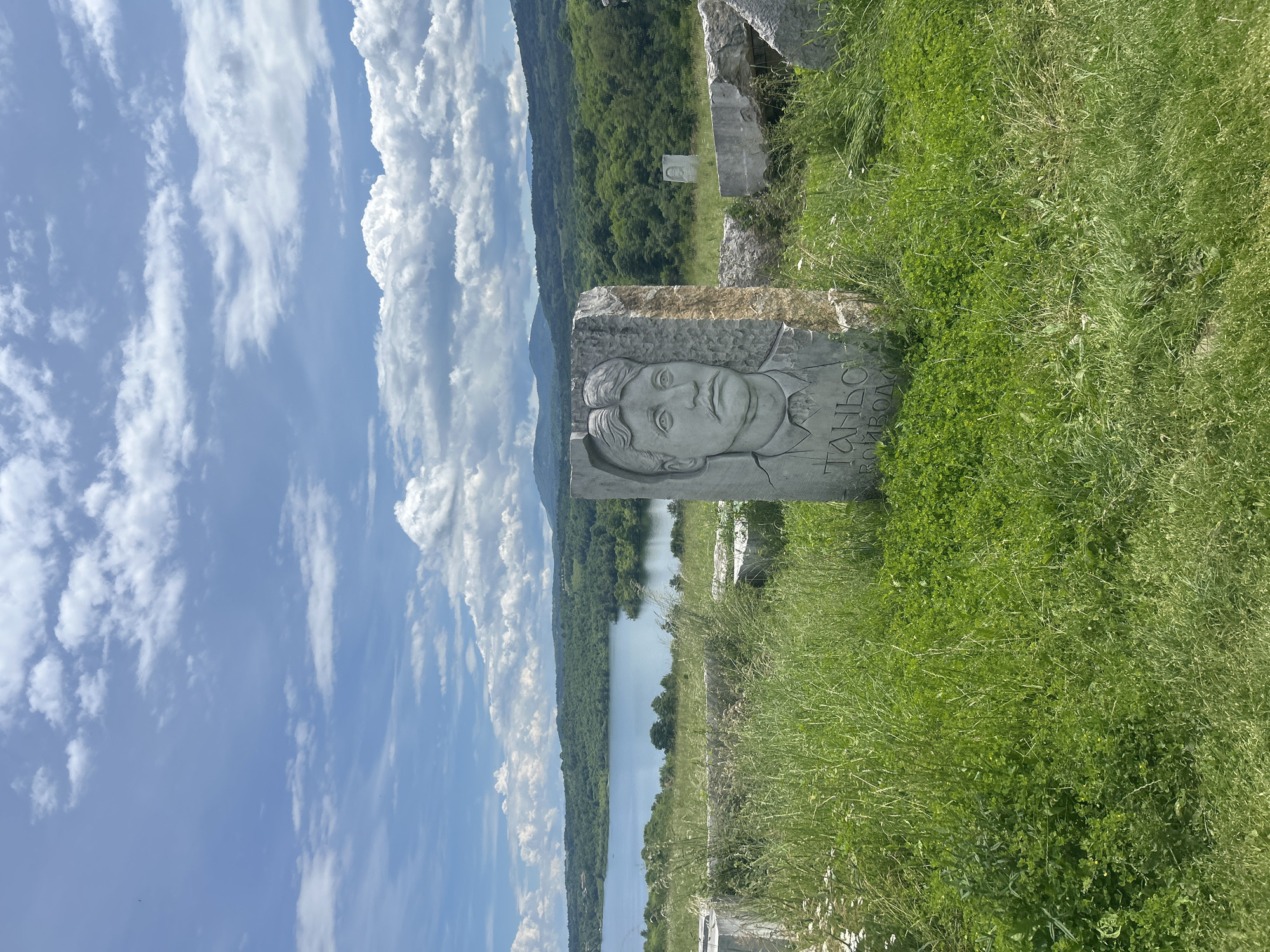 The image displays an outdoor scene, likely a memorial or park, under a bright, partly cloudy sky. In the foreground, a prominent rectangular stone slab features a carved relief of a person's head or bust, depicted facing slightly to the viewer's right. The individual has short, styled hair and a somber expression. To the right of the carved face, Cyrillic text is visible, which reads "ТАНЬО ВОЙВОДА" (Tanyo Voyvoda). The stone slab is surrounded by lush green grass, which extends across the foreground and into the middle ground.
Beyond the grassy area, a serene body of water, possibly a lake or river, stretches horizontally across the mid-ground, reflecting the light from the sky. On the opposite side of the water, a dense green forest covers rolling hills or mountains, extending towards the horizon. Another, smaller stone slab with a carved head is visible in the distance, partially obscured by the grass and appearing less detailed than the one in the foreground.
The sky is a vibrant blue, filled with numerous fluffy white cumulus clouds, indicating fair weather. The scene is well-lit, suggesting it is daytime, likely late morning or early afternoon. The overall impression is one of natural beauty combined with historical remembrance, situated in Gardevtsi, Bulgaria. No human activity is directly visible, emphasizing the monument and the landscape.