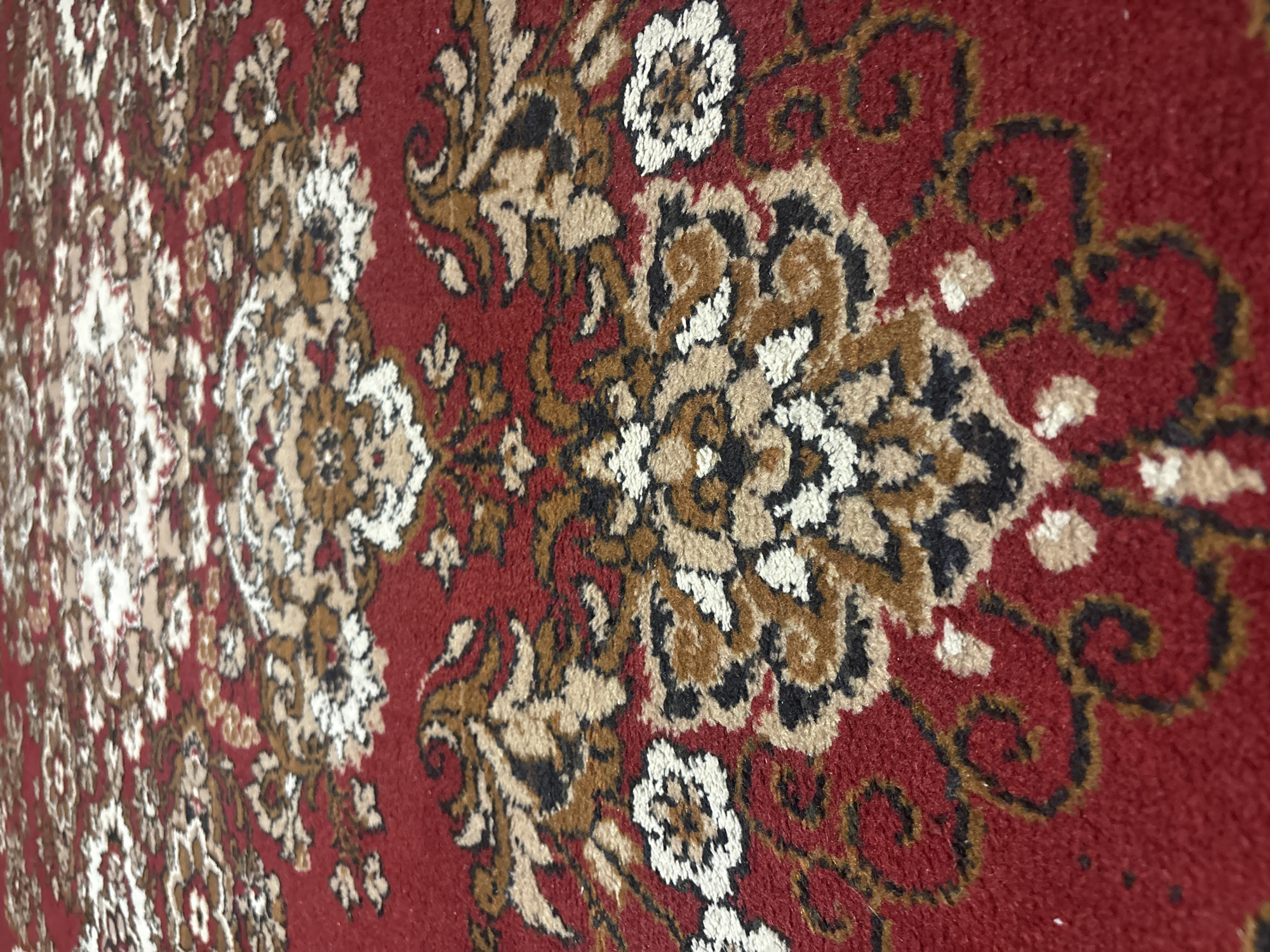 The image shows a close-up, low-angle view of a red carpet with an intricate floral pattern. The pattern features swirling floral motifs in beige, white, brown, and black. The carpet is the primary subject, filling the entire frame. The background recedes into a blur of the same pattern. The perspective suggests the carpet is on a floor. There is no indication of location within the city of Orsha, Belarus, or any people, actions, or interactions.