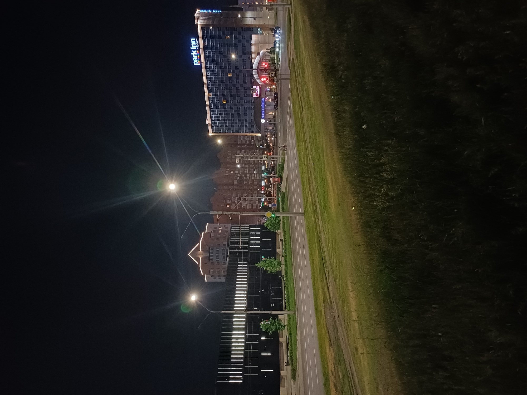 A wide shot captures an urban landscape at night. In the foreground, a grassy area with a slight incline stretches across the lower portion of the frame, transitioning into a road with white lane markings. Across the road, a modern, dark-colored building with vertical illuminated lines dominates the mid-left of the scene. Several small, green trees are planted in front of this building.
Further to the right, a multi-story hotel with a "Park Inn" sign illuminated in blue is prominent. The hotel has a grid of windows, many of which are lit from within, indicating occupancy. Below the hotel, a covered walkway or entrance area is visible, with red traffic lights illuminated and cars driving on the road in front of it. To the far left, a portion of another building with a distinctive peaked roof, also illuminated, is visible. Streetlights are present throughout the scene, casting bright glows and creating lens flares. The sky is dark, suggesting it is late at night. The overall scene depicts a well-lit urban environment at night, with a focus on commercial buildings and infrastructure.