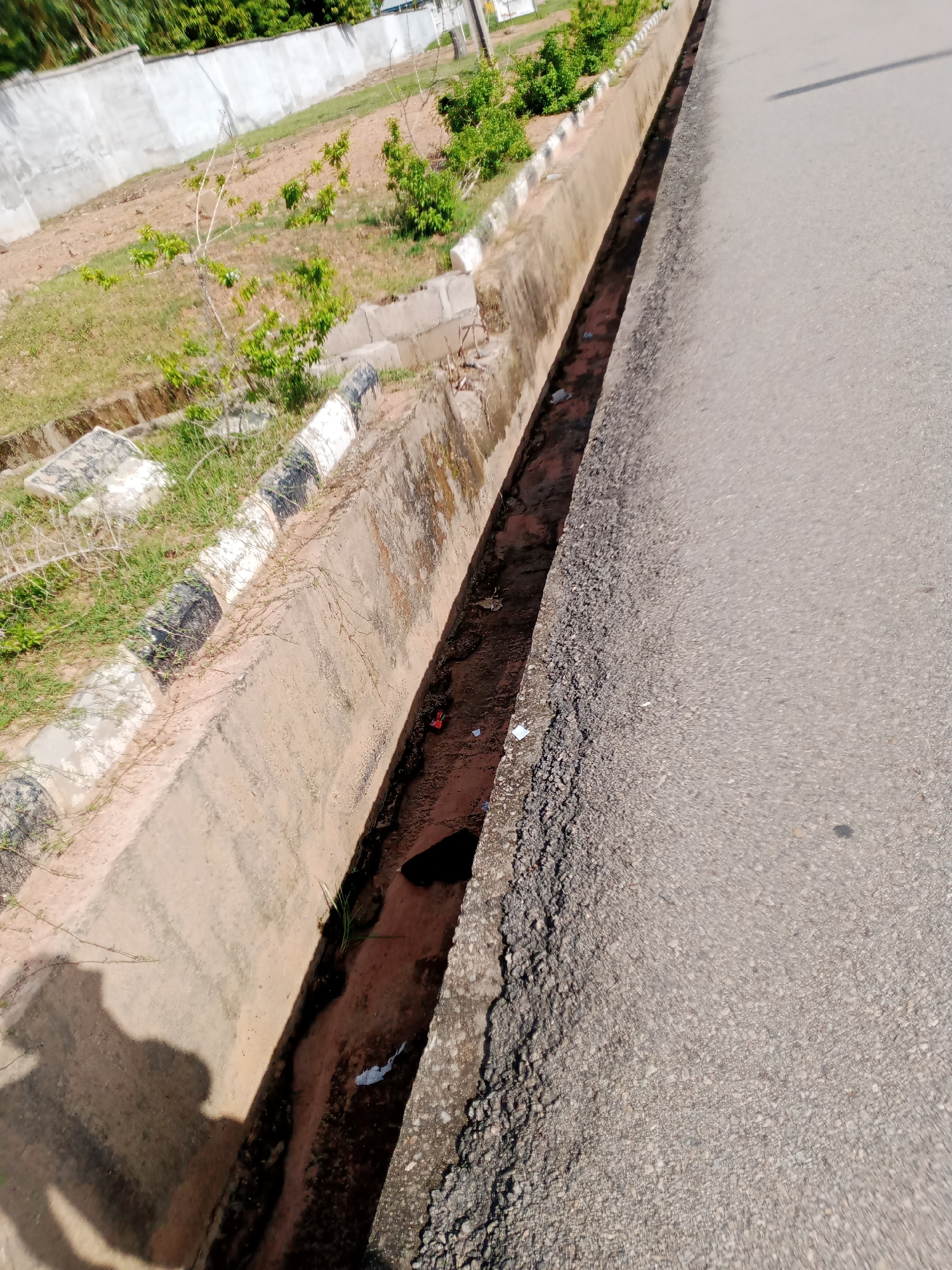 The image shows a roadside drainage ditch in Jalingo, Nigeria. The ditch is made of concrete and has some murky water and debris in it. To the left of the ditch is a grassy area with some plants and a white wall in the background. To the right of the ditch is an asphalt road. There is a shadow of a person on the left side of the image, casting from the left. The overall scene suggests an urban or semi-urban environment.