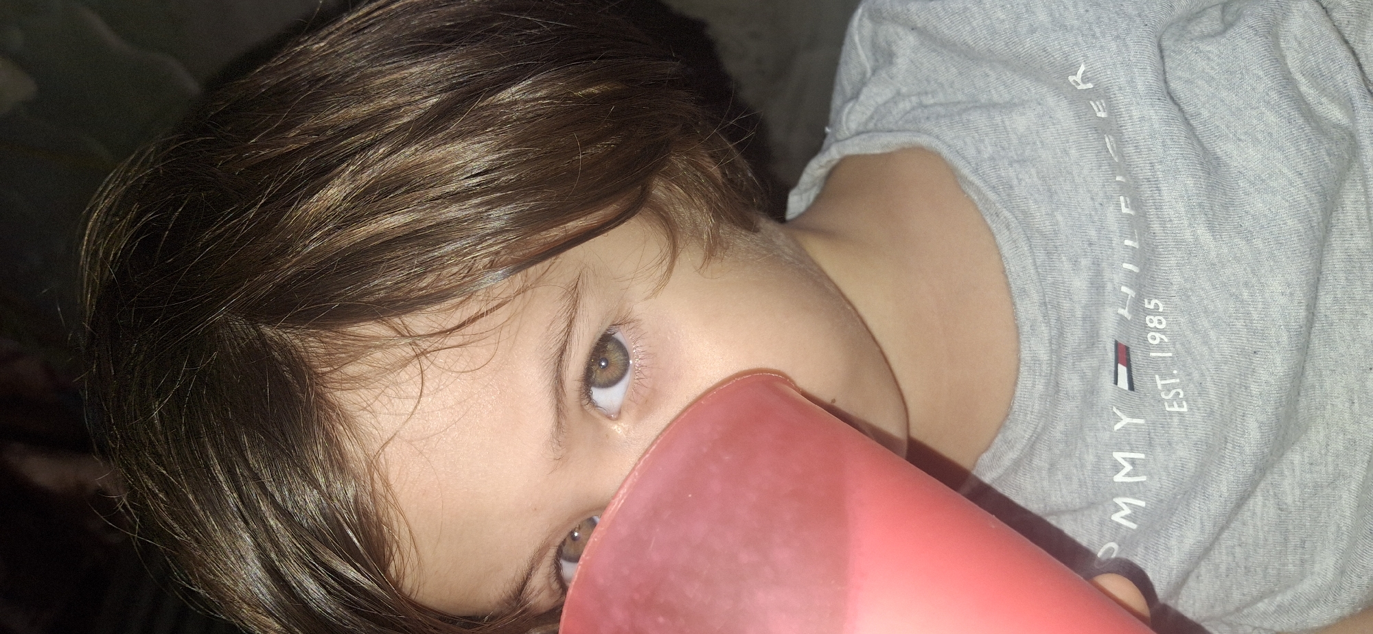 A young person with brown hair and hazel eyes is partially visible in this indoor, close-up shot. They are wearing a light gray Tommy Hilfiger t-shirt. The bottom half of their face is obscured by a red plastic cup. The location in the city of Vallecito, Venezuela is not identifiable from the image.