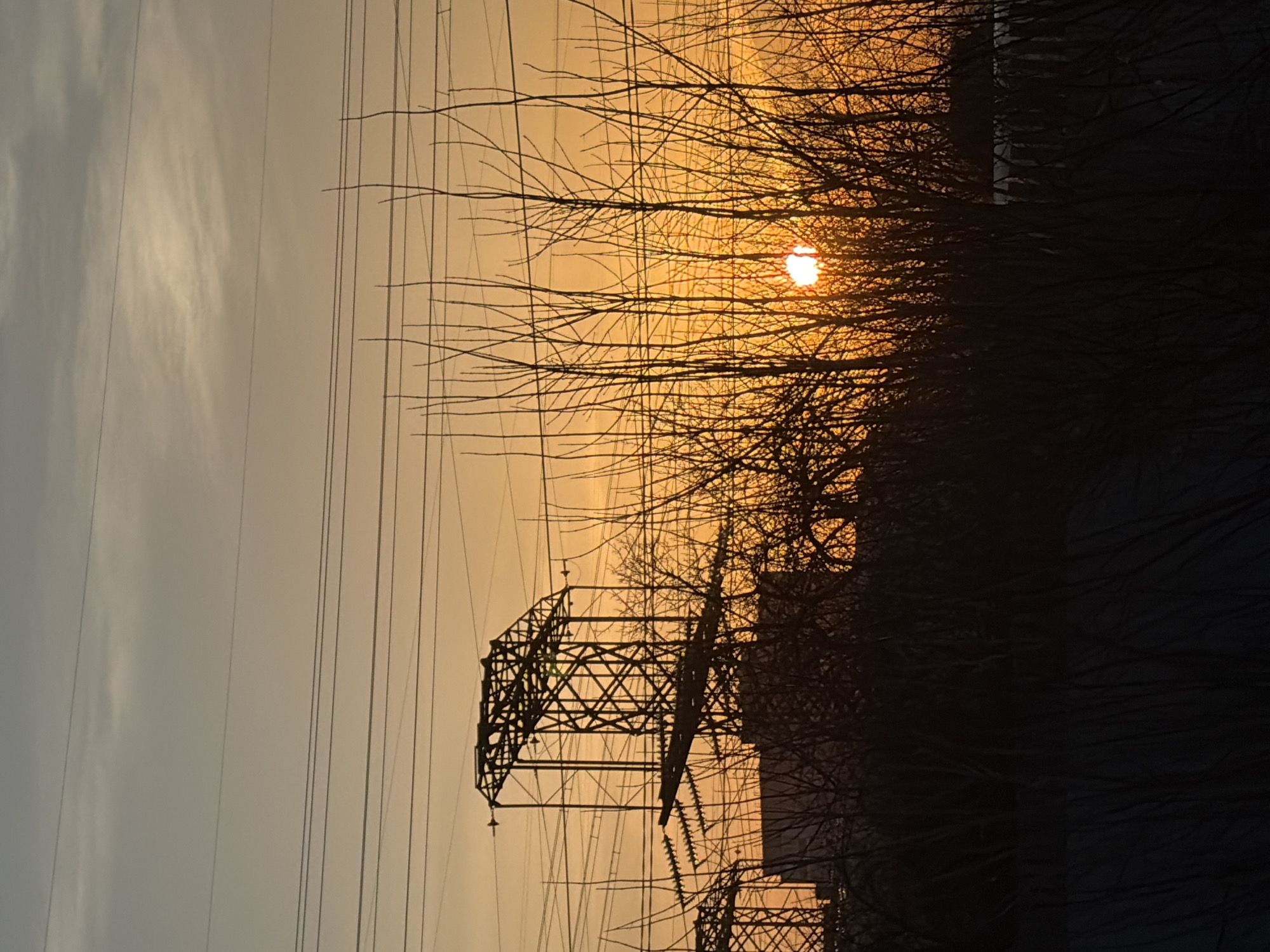 The image shows a scene at sunset in Chaikovsky, Russia. In the foreground, there are bare tree branches silhouetted against the setting sun, which is visible through the branches. A large electricity pylon is located to the left of the center of the image, with power lines stretching across the sky. To the right, there is a darkened structure or object. The sky is a mix of pale yellow and grey, indicating the sunset. The image is oriented vertically.