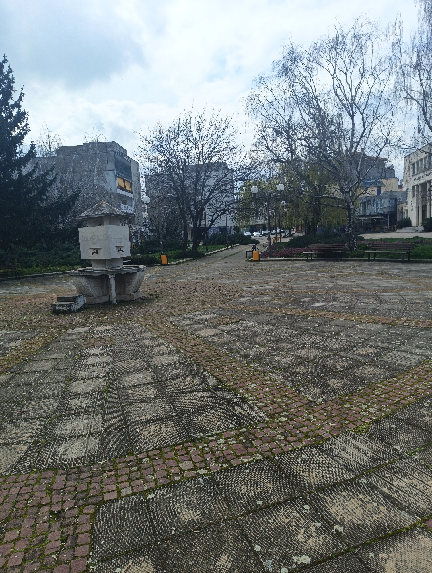The image depicts a public square in Karnobat, Bulgaria. In the foreground is a concrete fountain with two spouts on a square base, topped with a pyramidal roof. The square is paved with a combination of large square concrete tiles and red brick in alternating patterns. Moss grows in the cracks of the paving.
Behind the fountain are bare trees and a multi-story, gray concrete building with some yellow shading on one of its windows. Further back, a street is visible with parked cars and several streetlights. A few benches are placed along the edge of the square, near flower beds. In the background is a building with architectural details and text in Cyrillic on the facade, "СЪВЕТНИ ПАЛАТИ." The sky is overcast with gray and white clouds.