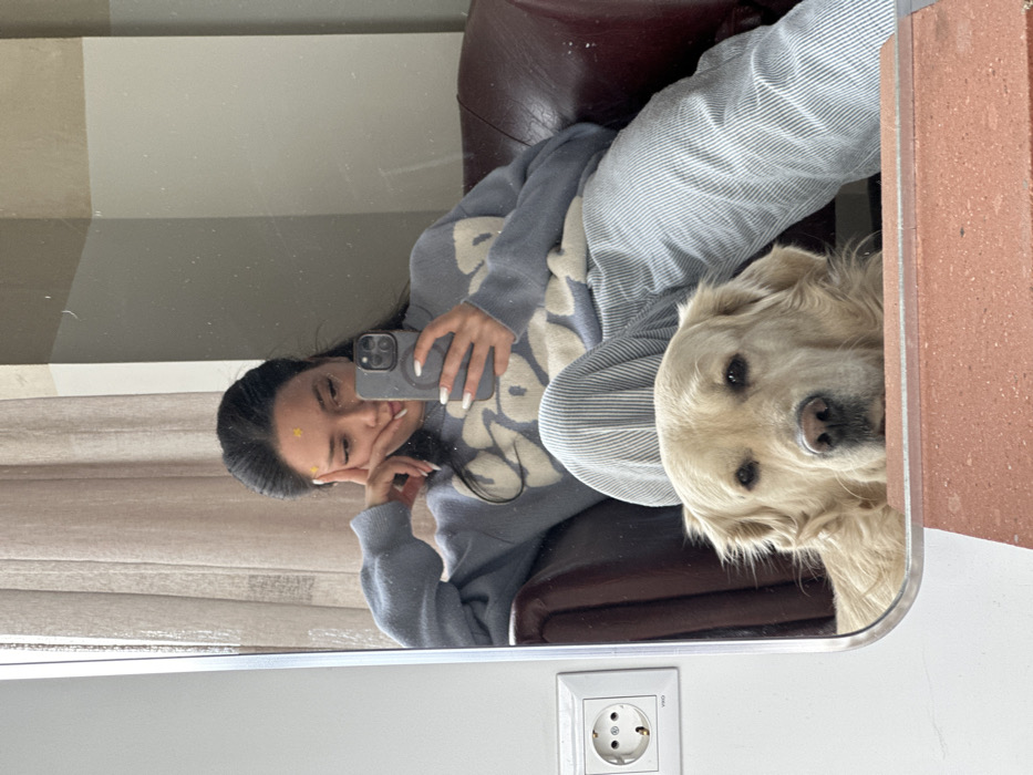 The image depicts an indoor scene in Yerevan, Armenia, captured as a mirror selfie. An adult female, with dark hair pulled back, is seated on a brown leather chair or sofa, reflected in the mirror. She wears a light blue knitted sweater with light-colored patterns and light-colored pinstriped pants. Her right hand is propped against her chin, and her left hand holds a dark-colored smartphone, aimed towards the mirror. Two small yellow star stickers are affixed to her forehead. Directly below her in the reflection, a light-colored Golden Retriever dog rests its head, looking forward. To the left of the mirror, a white double electrical outlet is mounted on a light-colored wall. Below the mirror's frame, a reddish-brown, brick-like or terracotta-colored surface is visible in the foreground. In the reflected background, light-colored walls and curtains are discernible.