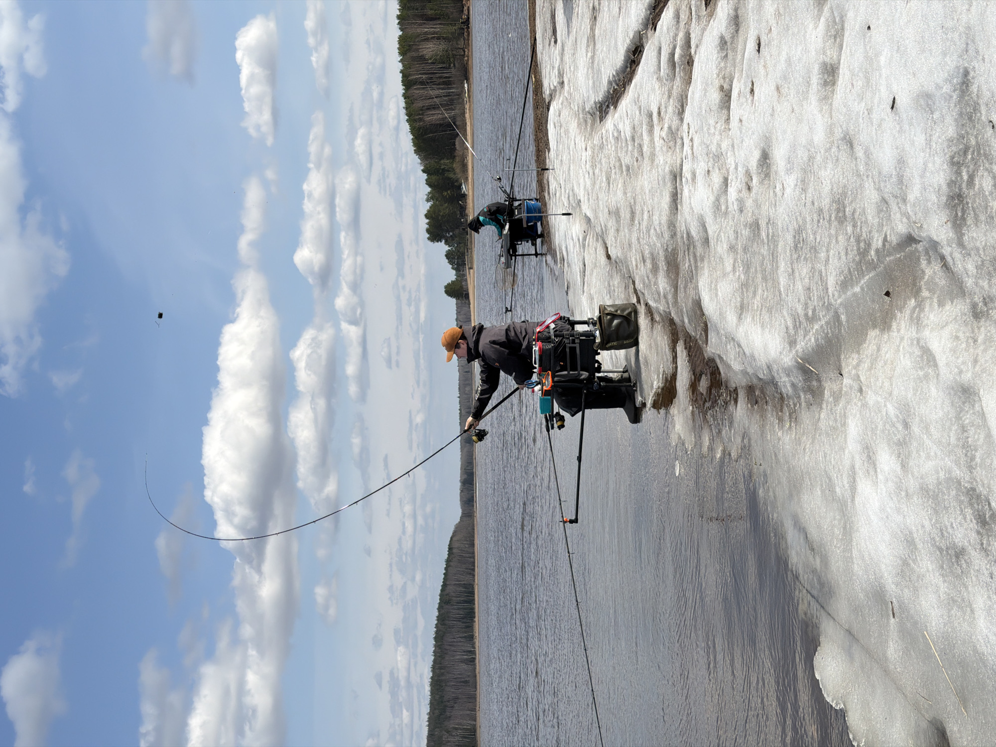 Two people are fishing on the edge of a partly frozen body of water near a forest. The sky is blue with puffy white clouds. The location appears to be Chaikovsky, Russia.
One person, wearing an orange hat, black jacket, and dark pants, is holding a fishing rod with a bent tip, indicating a fish on the line. They are sitting on a fishing station with various fishing gear attached. Another person is seated at a similar fishing station further down the frozen bank.
The frozen edge of the water is uneven and melting, with visible dark spots and debris embedded in the ice. The water is dark, and the far bank is lined with trees.