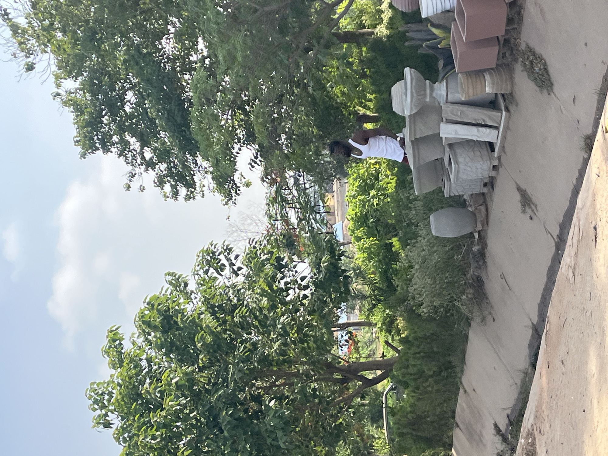 The image shows an outdoor scene in what appears to be a residential area of Kuchingoro, Nigeria. A man wearing a white tank top is visible, standing next to a stack of concrete and terracotta pots and other decorative concrete items, presumably for sale or display. The environment is green with trees and other plants. A sidewalk or paved area is adjacent to the pots. The sky is partially visible with some clouds.