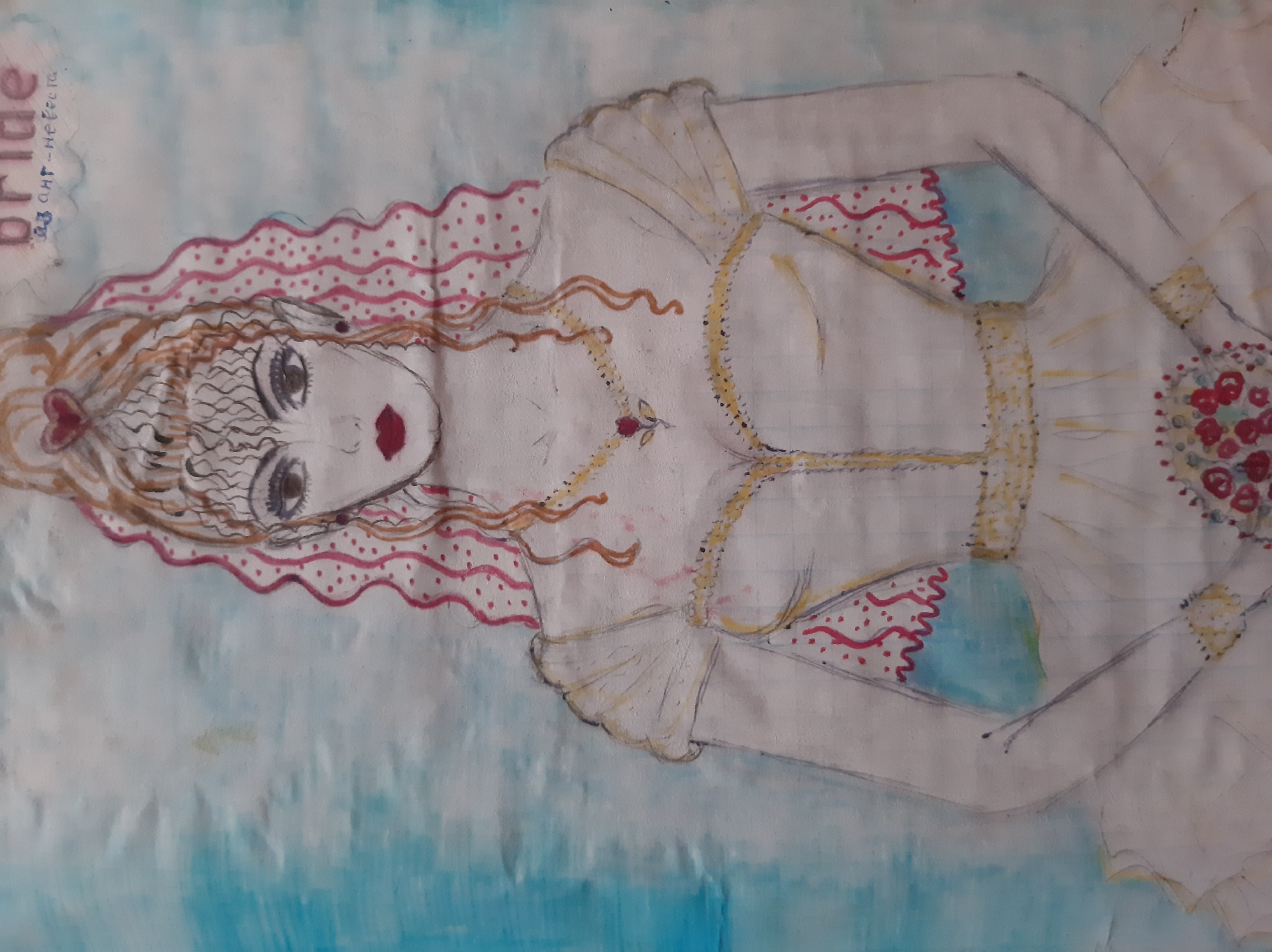 A watercolor and pencil drawing on grid paper depicts a stylized bride. The bride has long, curly, reddish-blonde hair pulled up high with a heart-shaped adornment at the front. She wears a white wedding dress with a sweetheart neckline, puffed sleeves, and a gold-trimmed belt. Her eyes are large and expressive, and her lips are painted red. A veil with pink polka dots and red wavy lines cascades down the sides of her head. She is holding a bouquet of red flowers with green leaves. The background is a wash of light blue and white, suggestive of sky or water. Text at the top right reads "bride" in pink, with smaller text below it that appears to be Russian or Cyrillic script. The grid lines from the paper are visible throughout the drawing. The image does not contain any identifiable landmarks or features that would allow for its location to be determined within the city of Semey, Kazakhstan.