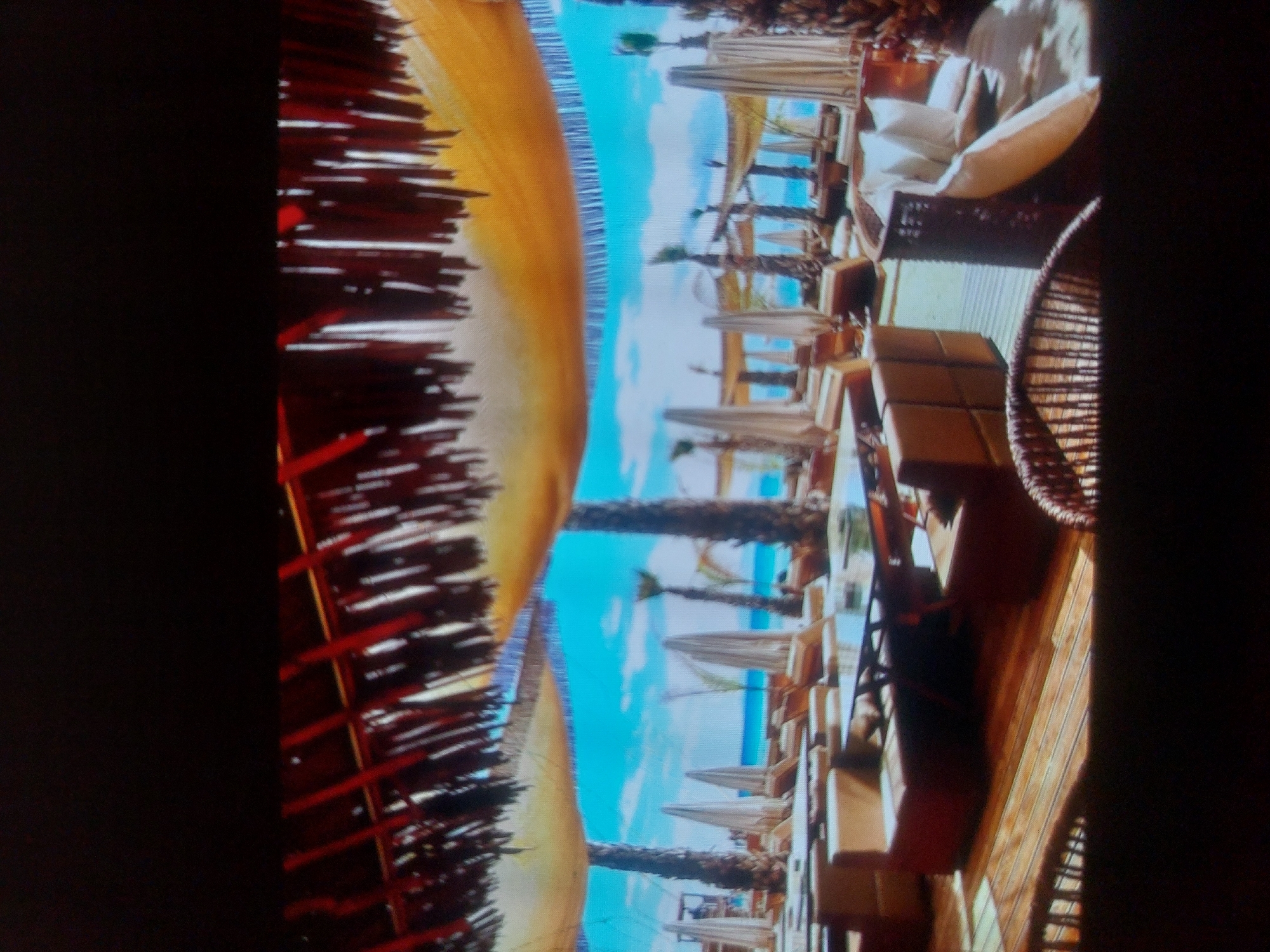 The image depicts a beach resort scene, likely near the coast. There is a row of beach umbrellas with seating areas underneath, furnished with cushioned chairs and tables. In the distance, a body of water with a light blue sky is visible. On the left, there is a structure, possibly part of the beach resort, with an intricate design that could be decorative or functional. Due to the presence of palm trees and the style of the umbrellas and furniture, it is likely that the photograph was taken at a resort in Tsarevo, Bulgaria.