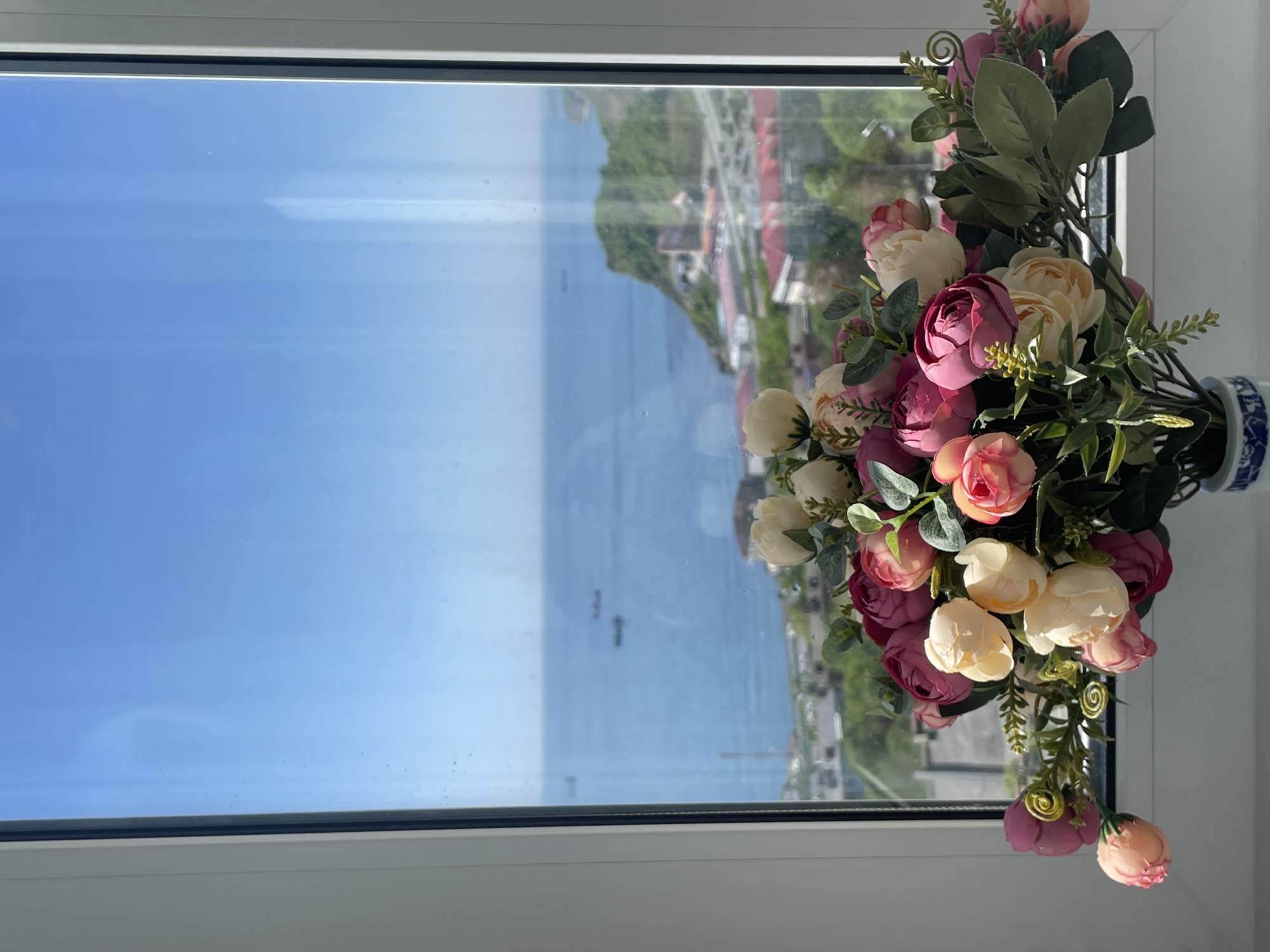 A vase of flowers sits on a windowsill. Outside, a view of the sea is visible, with buildings and green vegetation on the opposite shore. The location is Vladivostok, Russia.