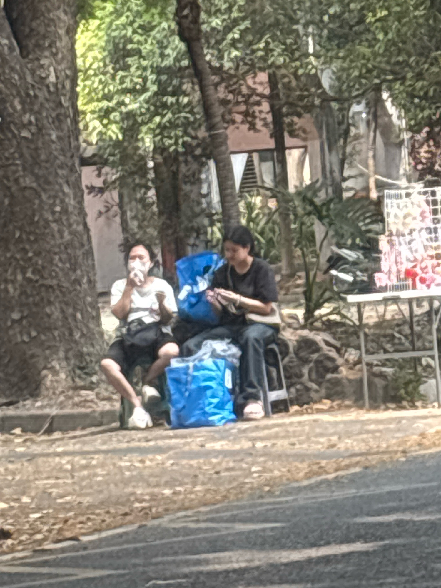 The image depicts an outdoor scene in Malang, Indonesia, where two individuals are seated near a large tree. The person on the left, wearing a white t-shirt and dark shorts, has a mask over their face and appears to be holding something to their nose. They are sitting on a small stool, with a dark bag around their waist and white shoes on their feet. Next to them, on the right, is another person wearing a dark t-shirt and dark pants. This individual is also seated on a stool and is looking down at their hands. Between the two individuals are two large blue bags. To the right of the people, a table is set up with a display of items, possibly for sale, and other objects are visible in the background, including foliage and buildings. The ground is covered with dirt and debris. The overall impression is a casual outdoor setting, possibly a roadside stall or a rest stop.