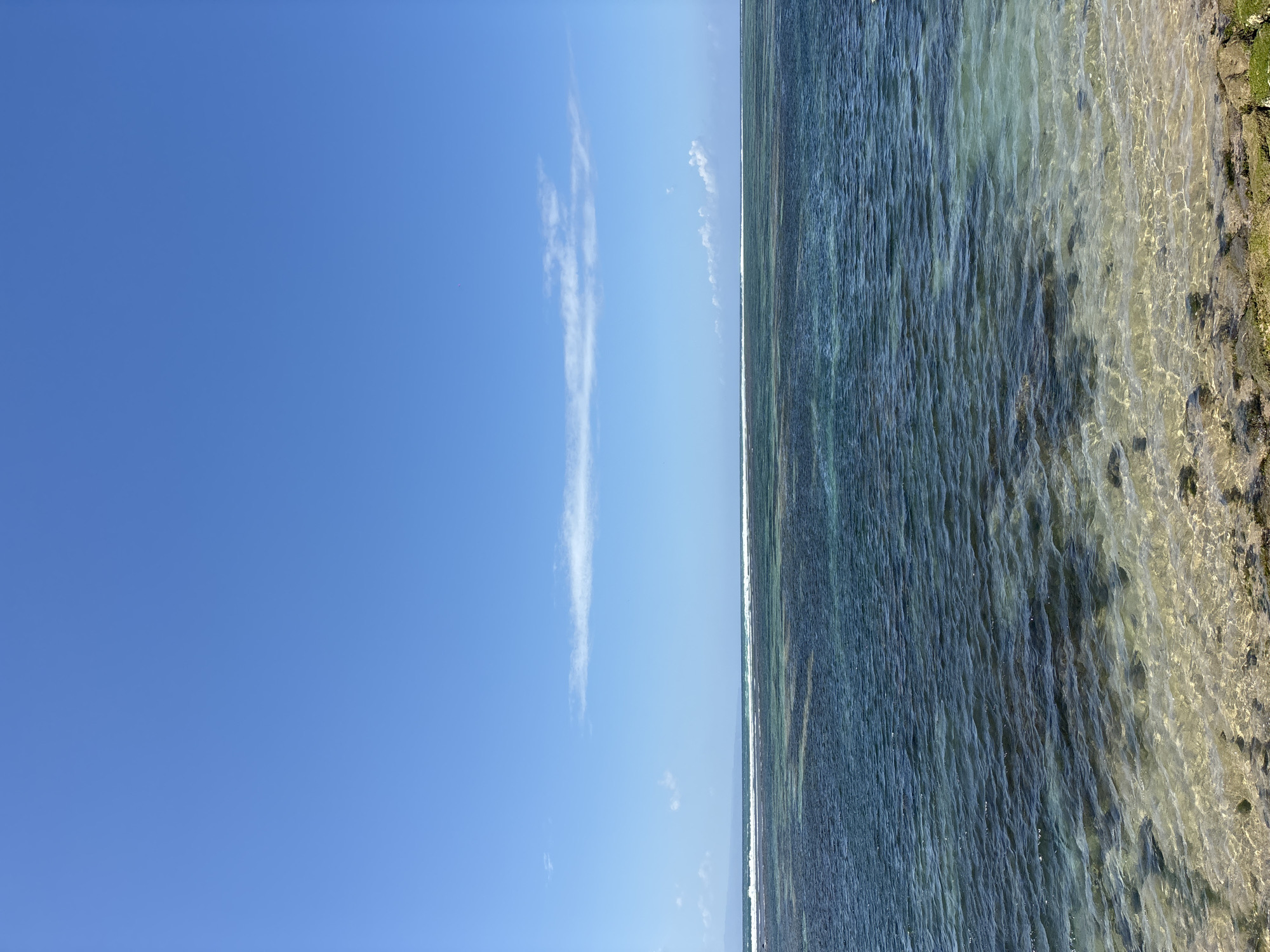 The image depicts a serene coastal scene under a clear blue sky with a few wispy white clouds. The foreground shows the shallow, crystal-clear water of the ocean, revealing the sandy and rocky seabed beneath. The water gradually deepens into a darker blue as it stretches towards the horizon. A thin white line of breaking waves is visible in the distance, suggesting a reef or shallow area further out. The horizon separates the ocean from the sky. The location is identified as a beach in Denpasar, Indonesia. There are no people, animals, or man-made structures visible in the frame. The environment is natural and peaceful.