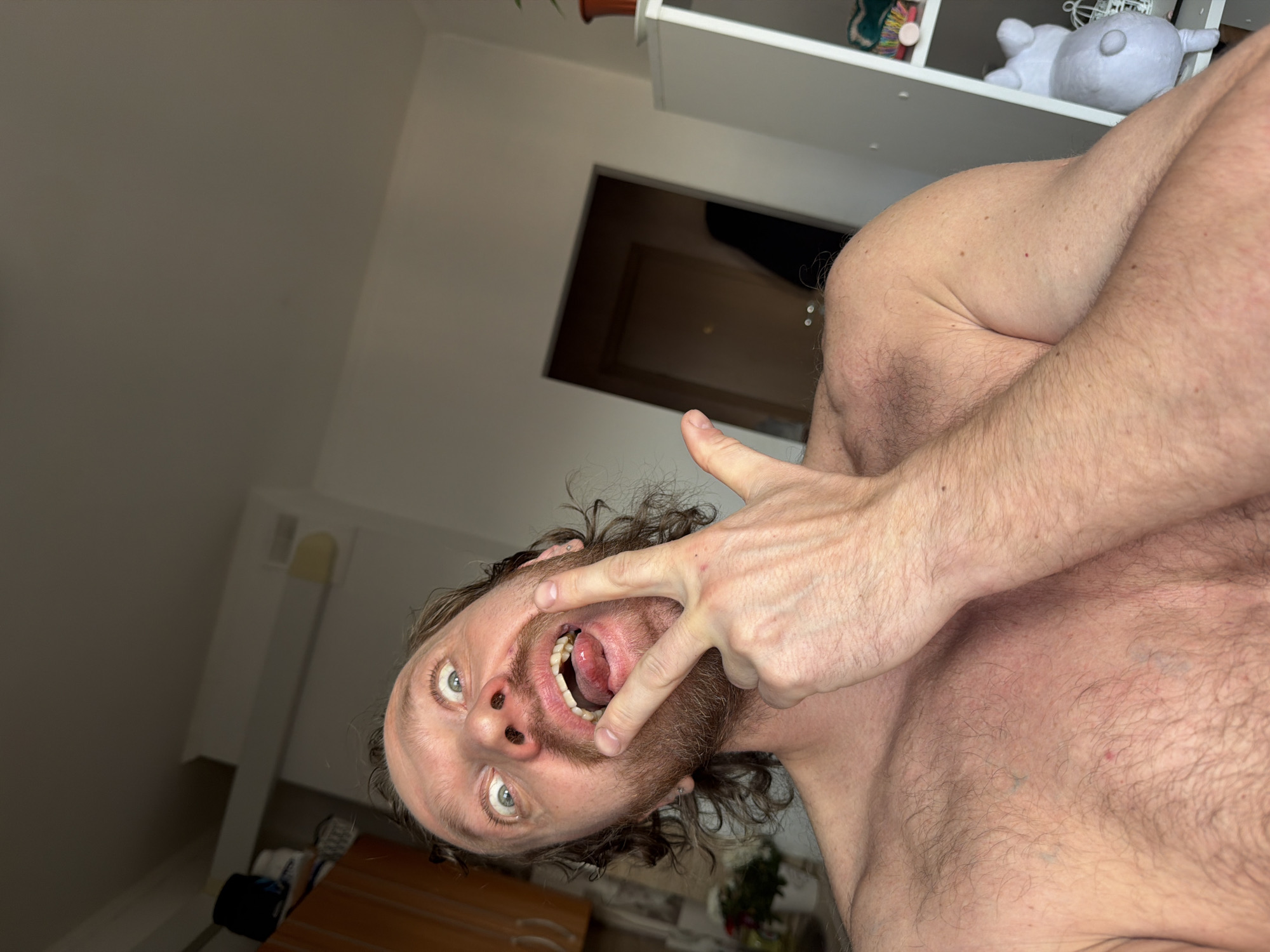 The scene depicts a shirtless adult male posing for a self-portrait in a residential interior located in Saint Petersburg, Russia. The man occupies the majority of the frame, looking directly into the camera with an exaggerated facial expression: eyes wide open with prominent whites, and mouth agape with his tongue extended. His right hand is raised, with the index and middle fingers extended in a V-shape near his open mouth, while his ring and pinky fingers are curled.
The subject has light skin, long, wavy, light brown hair that extends to his shoulders, and a full beard and mustache of a similar color. Body hair is visible on his chest and shoulders. A small silver-colored earring is present in his left earlobe.
The background reveals a domestic setting. To the left, partial view of light-colored wooden kitchen cabinets are visible above a counter with a white vase containing white and pink artificial flowers. To the right, a white shelving unit is present, displaying a light-colored, possibly white, plush pig toy viewed from the back on a lower shelf, and a small brown potted plant on an upper shelf. A dark, reflective rectangular object, likely a mirror or dark screen, is positioned mid-ground behind the subject's right shoulder, reflecting a brown door with a visible peephole or doorknob, and a dark garment hanging beyond. The walls and ceiling are uniformly light-colored, with a utility element (possibly a vent or light fixture) visible on the ceiling in the upper left quadrant.