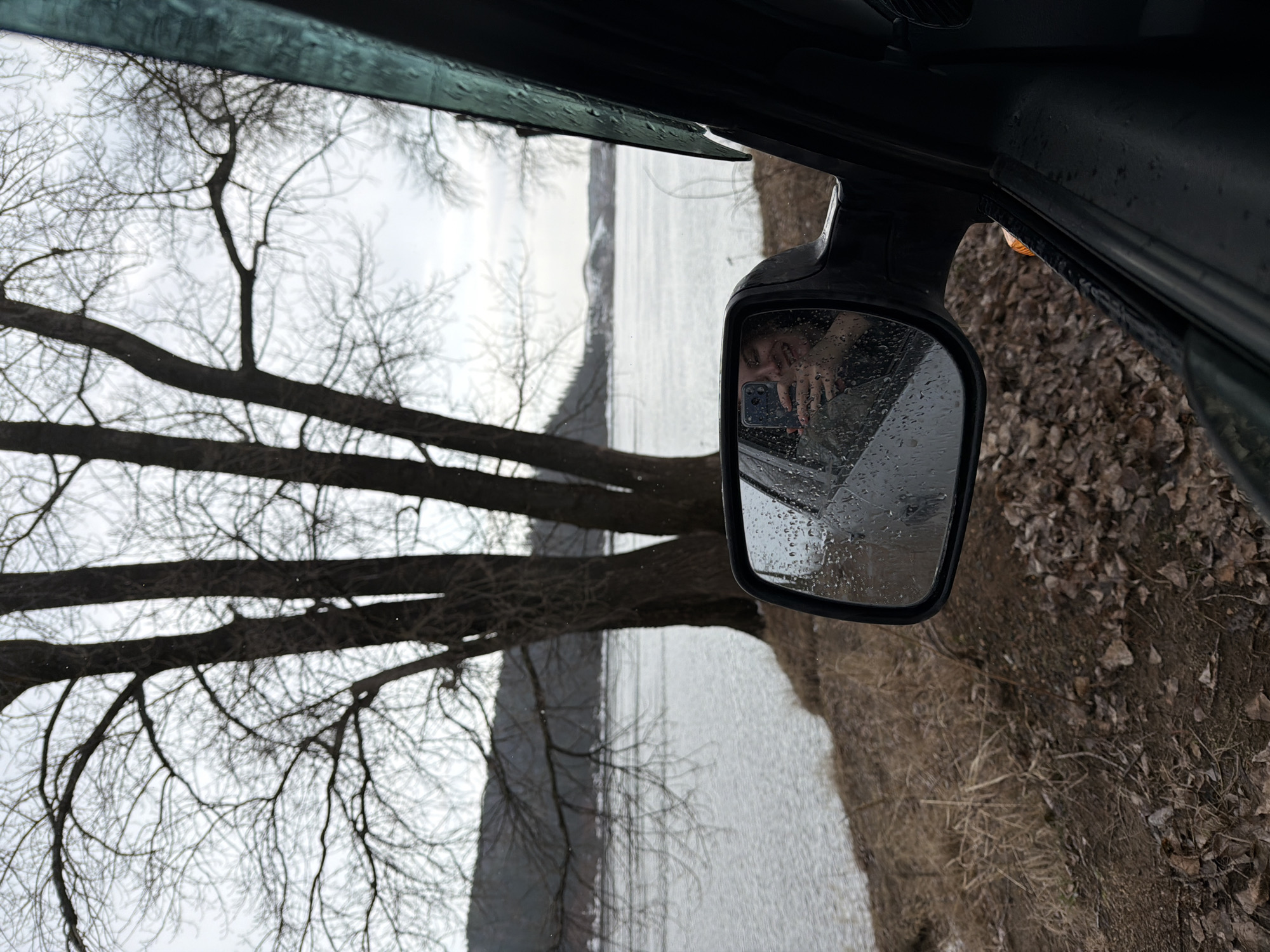 The image depicts a view from inside a vehicle, likely a car. The passenger-side mirror is visible, reflecting a person holding a mobile phone to take a picture. Outside the car window, there are bare trees, a body of water (possibly a river or lake), and land. The scene appears to be an outdoor location, and there is a suggestion of a cold, overcast day. The reflection in the mirror suggests the person in the car is taking a photograph of the outside view. There is no discernible information suggesting the location is Noviy, Russia.