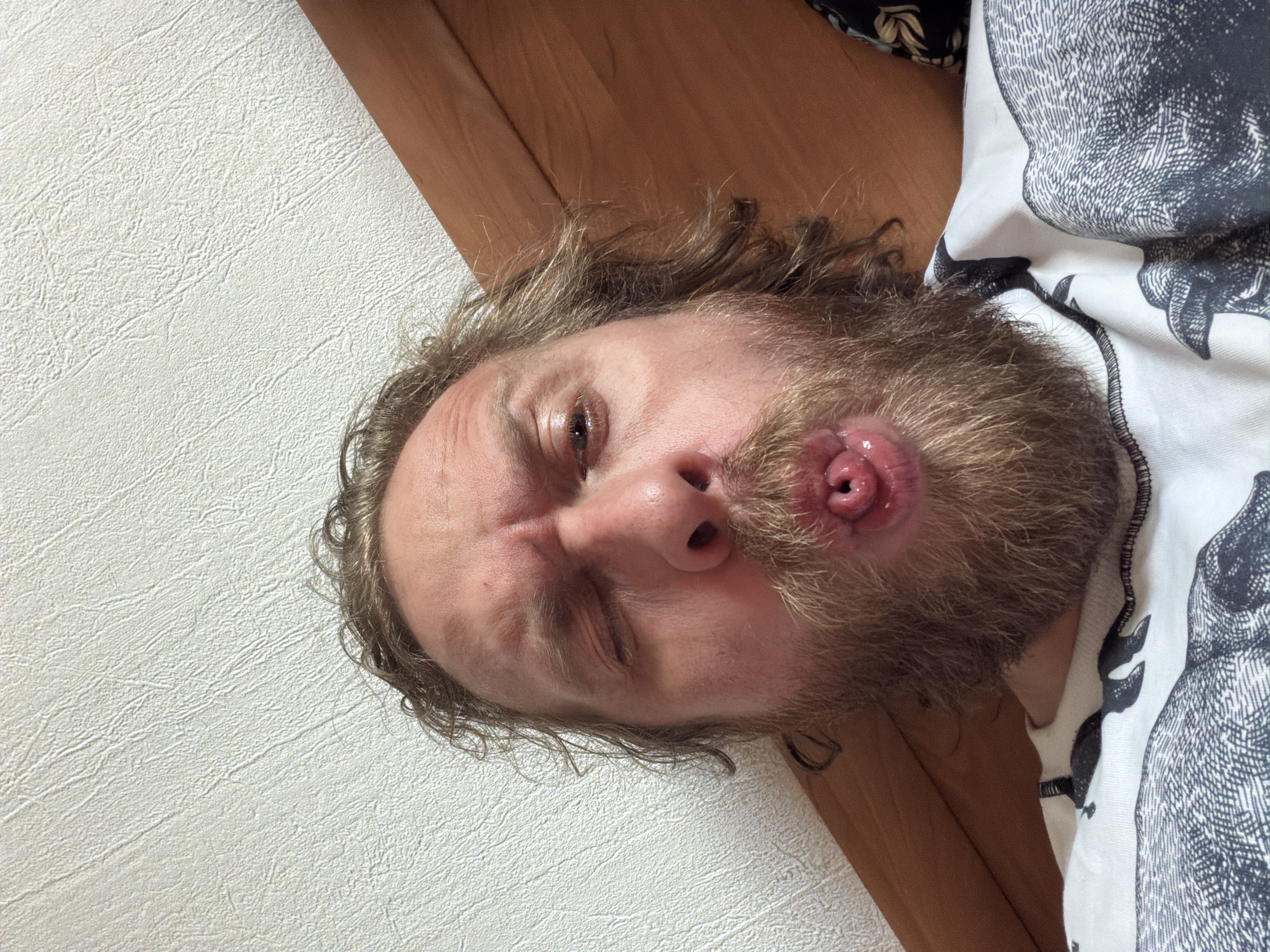 A man with a light brown, curly beard and medium-length curly hair is depicted in a close-up, horizontal shot, looking directly at the camera. He is lying down, with his head tilted, creating an upside-down perspective. He sports a peculiar facial expression, with his lips puckered and pushed outwards into a distinct, tubular shape, revealing the inner mouth. His left eye (viewer's right) is open, while his right eye (viewer's left) is partially squinted or closed, conveying a playful or exaggerated demeanor.
He is wearing a white short-sleeved t-shirt with a large black and white graphic design on the chest, which appears to be an illustration of an animal, possibly a whale or large fish. The background consists of a light-colored, textured wall or wallpaper on the left side of the frame, and a smooth, warm-toned wooden surface, likely part of furniture or flooring, on the right. The image captures a casual, indoor moment, possibly a self-portrait. This scene is set in Saint Petersburg, Russia.