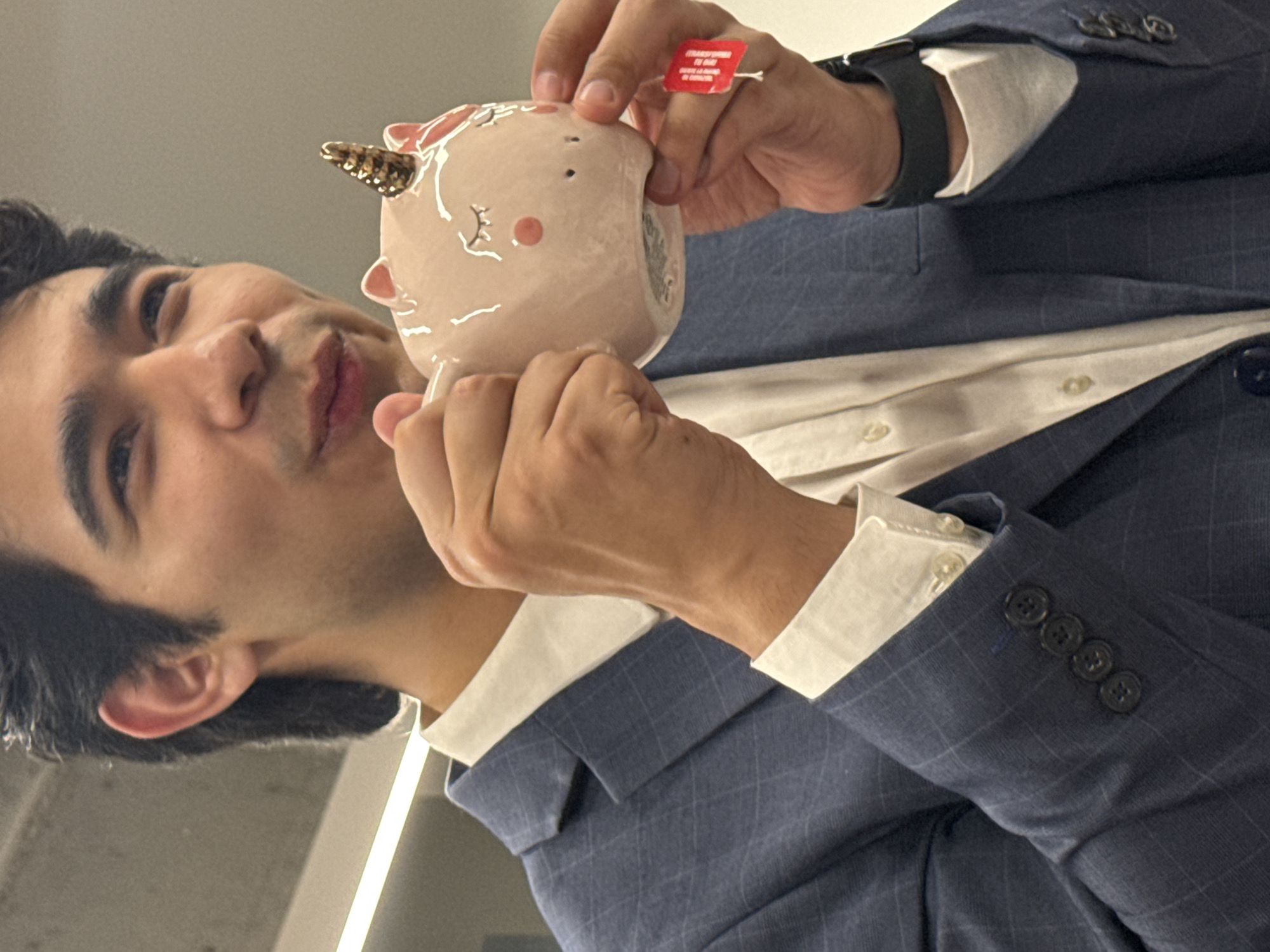 A man in a blue suit is holding a unicorn piggy bank. The location is Mexico City, Mexico. The man has dark hair and a white collared shirt underneath the suit jacket. The piggy bank is light pink with a golden horn. The suit jacket has four buttons on the sleeve. A red tag is attached to the piggy bank. The man is wearing a black watch on his left wrist.
