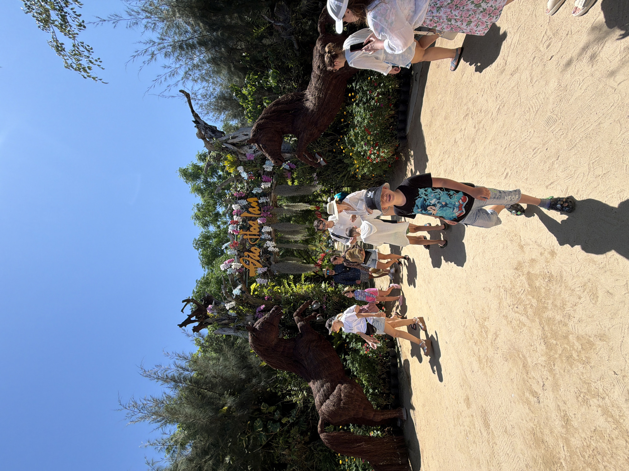 The image shows a bright, sunny day with a clear blue sky. In the foreground, a young boy wearing a black t-shirt with a blue cartoon character and denim shorts walks towards the camera, casting a shadow on the sandy ground. Behind him, a group of people are walking away from the camera, and further back, a large, artistic sculpture of a horse made of dark, textured material stands on its hind legs. The horse sculpture is positioned to the left of an archway adorned with flowers and greenery, and signage in yellow script that reads "Đảo Hoa Thang". This archway serves as an entrance or focal point for a garden or park. The environment is lush with trees and plants, suggesting an outdoor attraction in Hoa Thang, Vietnam.