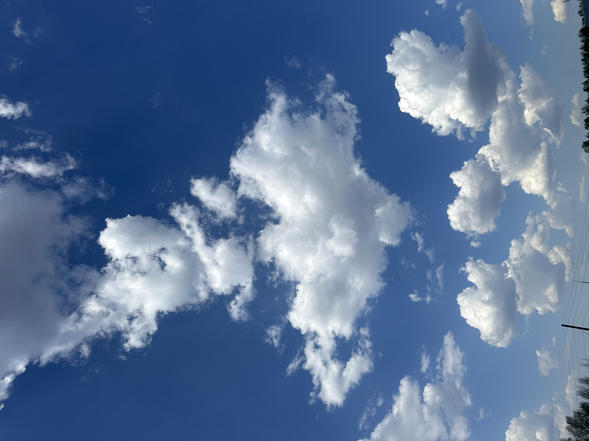 The image shows a blue sky with white cumulus clouds. A thin line of trees is visible at the top right edge of the image. The location, Черёмушки, Russia, cannot be verified from the visual information.
