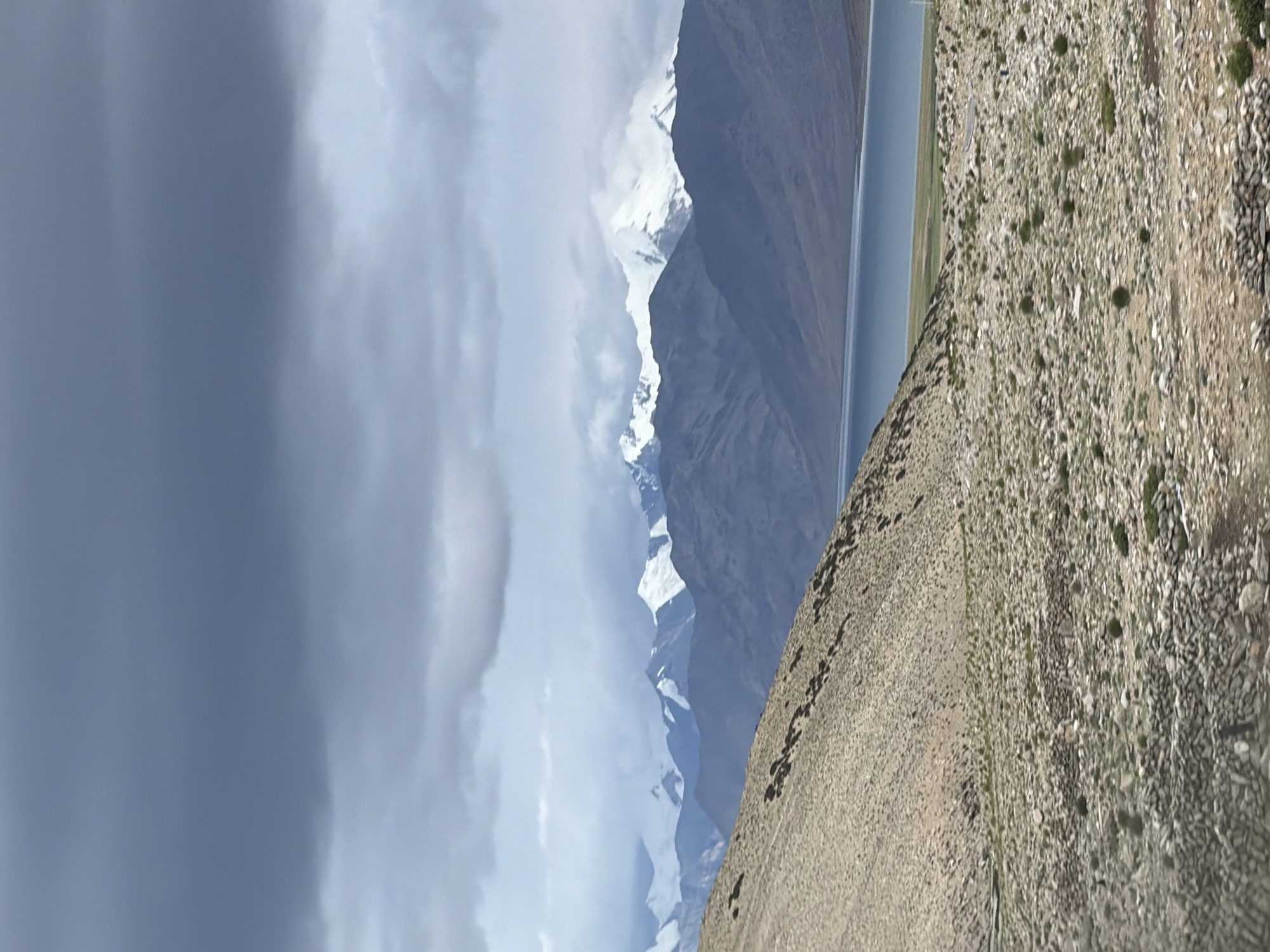 A high-angle, full shot captures a vast, mountainous landscape under a cloudy sky. In the foreground, a rocky, barren hillside slopes downwards from the left, dotted with sparse green vegetation. Beyond this hill lies a large, serene lake reflecting the muted light of the overcast sky. In the distance, a majestic range of snow-capped mountains stretches across the horizon, their peaks partially obscured by clouds. The overall impression is one of natural grandeur and isolation. The location is described as Unknown, India.