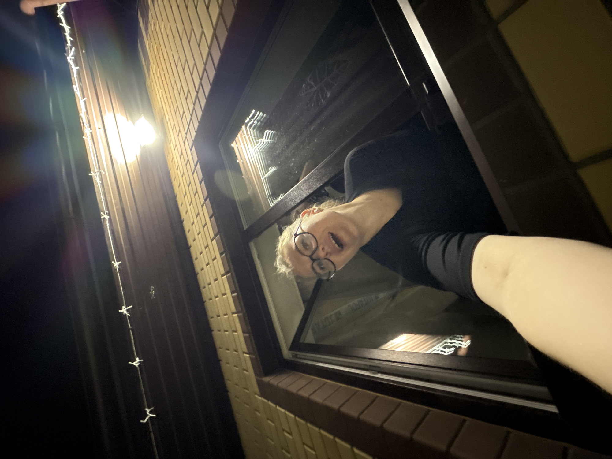A nighttime photograph taken from a tilted perspective shows a person partially emerging from a window in a building. The person, who has fair skin, wears glasses, and is dressed in a dark shirt, is looking at the camera with an open mouth. The window has a dark frame and reflects some interior light. The building exterior appears to be brick or block construction, with some areas illuminated by a light source. A string of small lights is visible along the left side of the image, extending downward. Based on the location information provided, the image may have been taken in the city of Gornyi (Dvurechenskoe S/P), Russia.
