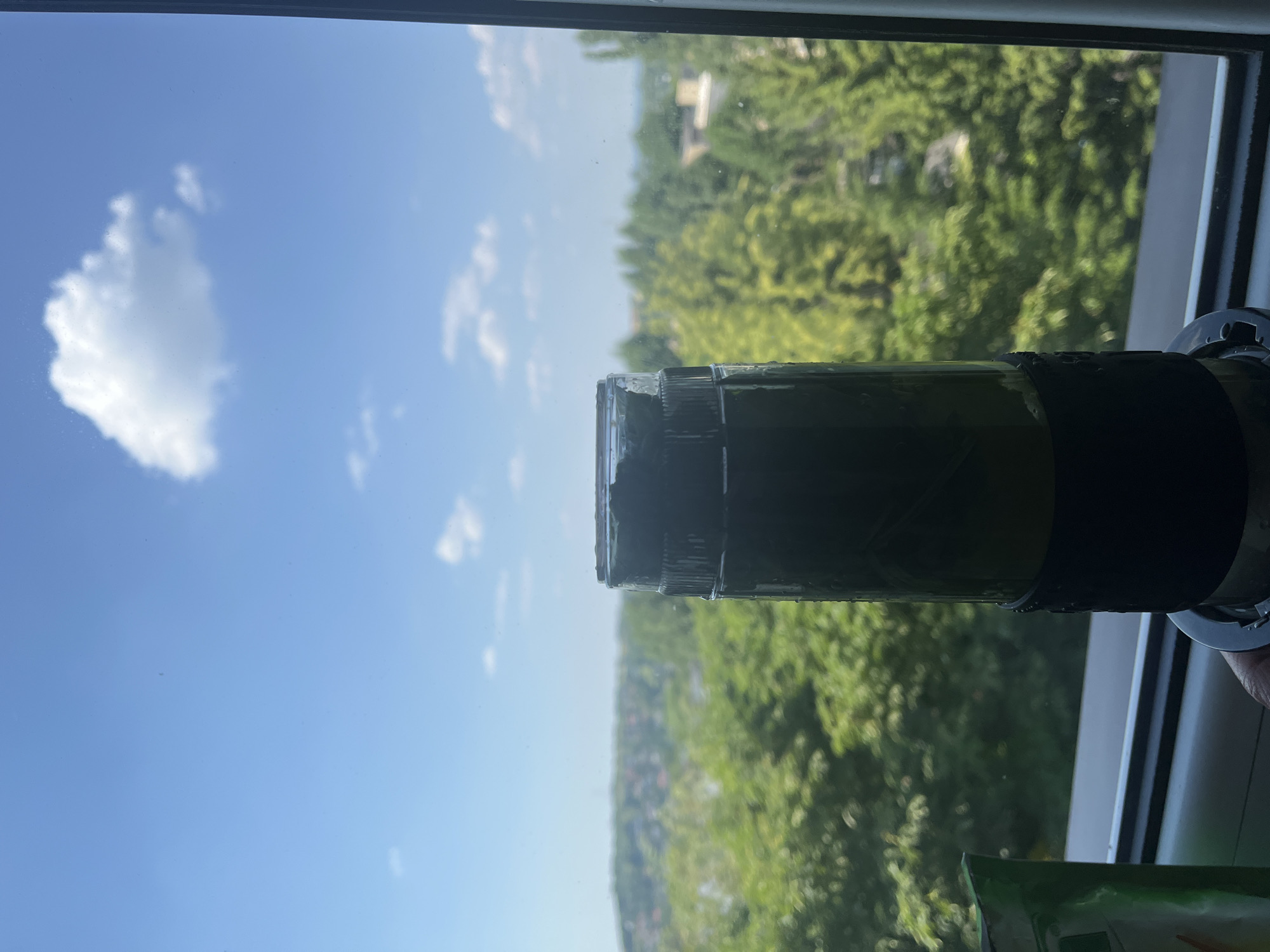 The image shows a vertical view through a window. In the foreground, a dark green cylindrical object with a black band and a silver rim is positioned horizontally across the frame. The object appears to be a container, possibly a bottle or a pipe, with some condensation or water droplets on its surface.
Behind the object, the scene unfolds. To the left, a bright blue sky with scattered white clouds occupies a significant portion of the frame. To the right, a lush green landscape of trees and foliage fills the background, suggesting an outdoor setting with abundant vegetation. The trees appear to be densely packed, creating a textured backdrop. Faintly visible in the distance are hints of buildings or structures nestled within the greenery.
The lighting suggests it is daytime, likely morning or afternoon, with bright sunlight illuminating the sky and casting a soft glow on the distant landscape. The overall mood is serene and natural, with a focus on the contrast between the man-made object in the foreground and the natural scenery beyond the window. No discernible text is visible in the image. The orientation of the image is rotated 90 degrees counter-clockwise.