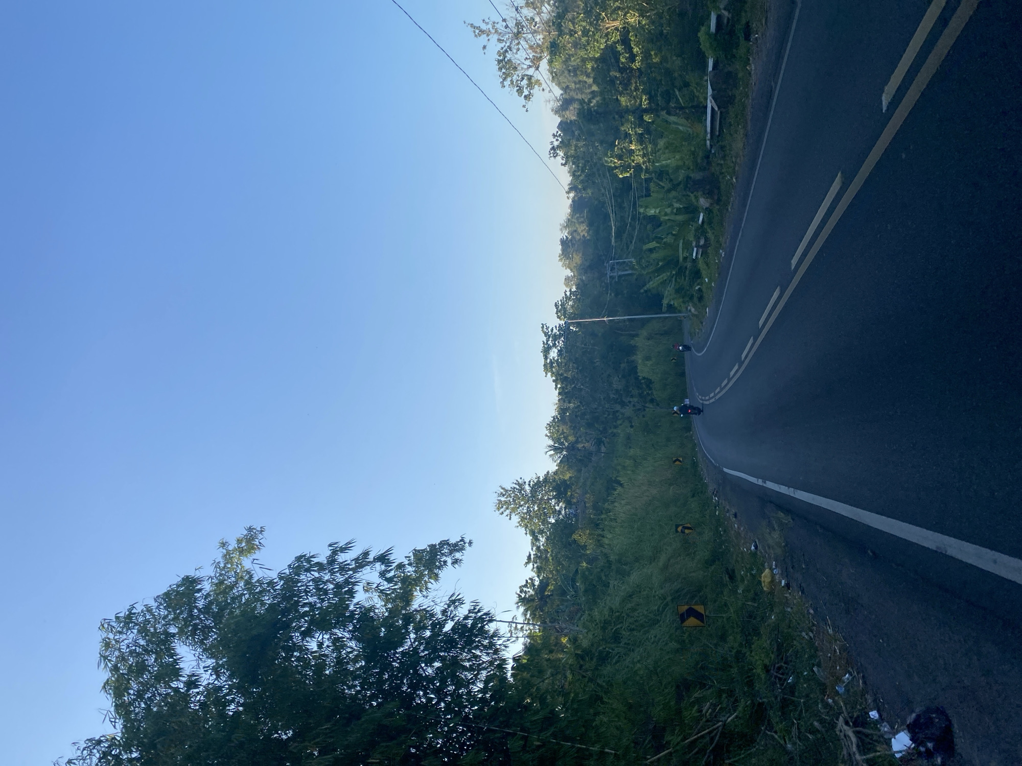 This is a low-angle, wide shot of a road winding through a lush, green environment. The road has a dark asphalt surface with a white line on the left edge and two yellow lines in the center. It curves to the right, disappearing into the distance. On the left side of the road, there is a steep embankment covered in dense green vegetation, including bamboo trees at the top. Several yellow traffic signs with black arrows indicating curves are visible on this embankment. There is some litter on the side of the road near the bottom left. On the right side of the road, there is more dense green foliage, including what appear to be banana trees and other tropical plants. Utility poles and wires are visible in the background. The sky is clear and blue. Two individuals are riding motorcycles on the road, one further ahead on the right curve and another further back on the left curve. The image appears to be taken in the city of Tanah Harapan, Indonesia, given the tropical vegetation and motorcycle traffic.