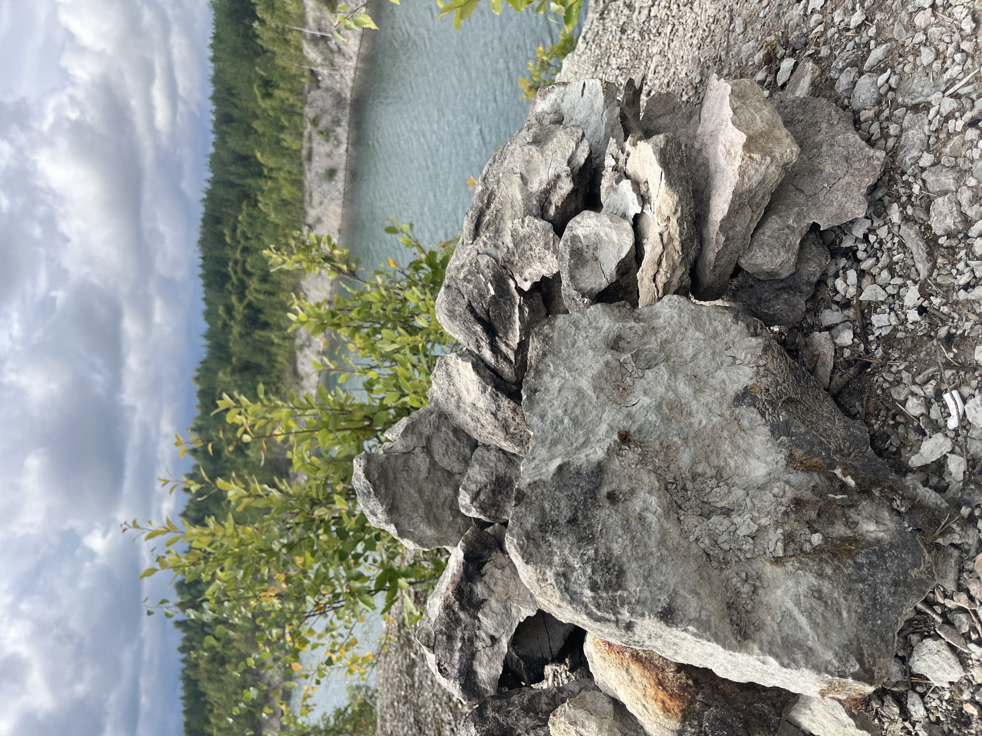 A pile of light gray rocks is in the foreground, with a calm body of water in the background. The water is a muted blue-green and is surrounded by a steep, rocky embankment. Beyond the embankment, a dense forest of green trees extends to the horizon. The sky above is overcast with large, gray clouds. The scene is a quarry in Aidu, Estonia, a former oil shale mining area transformed into a recreational landscape with man-made lakes and hills.