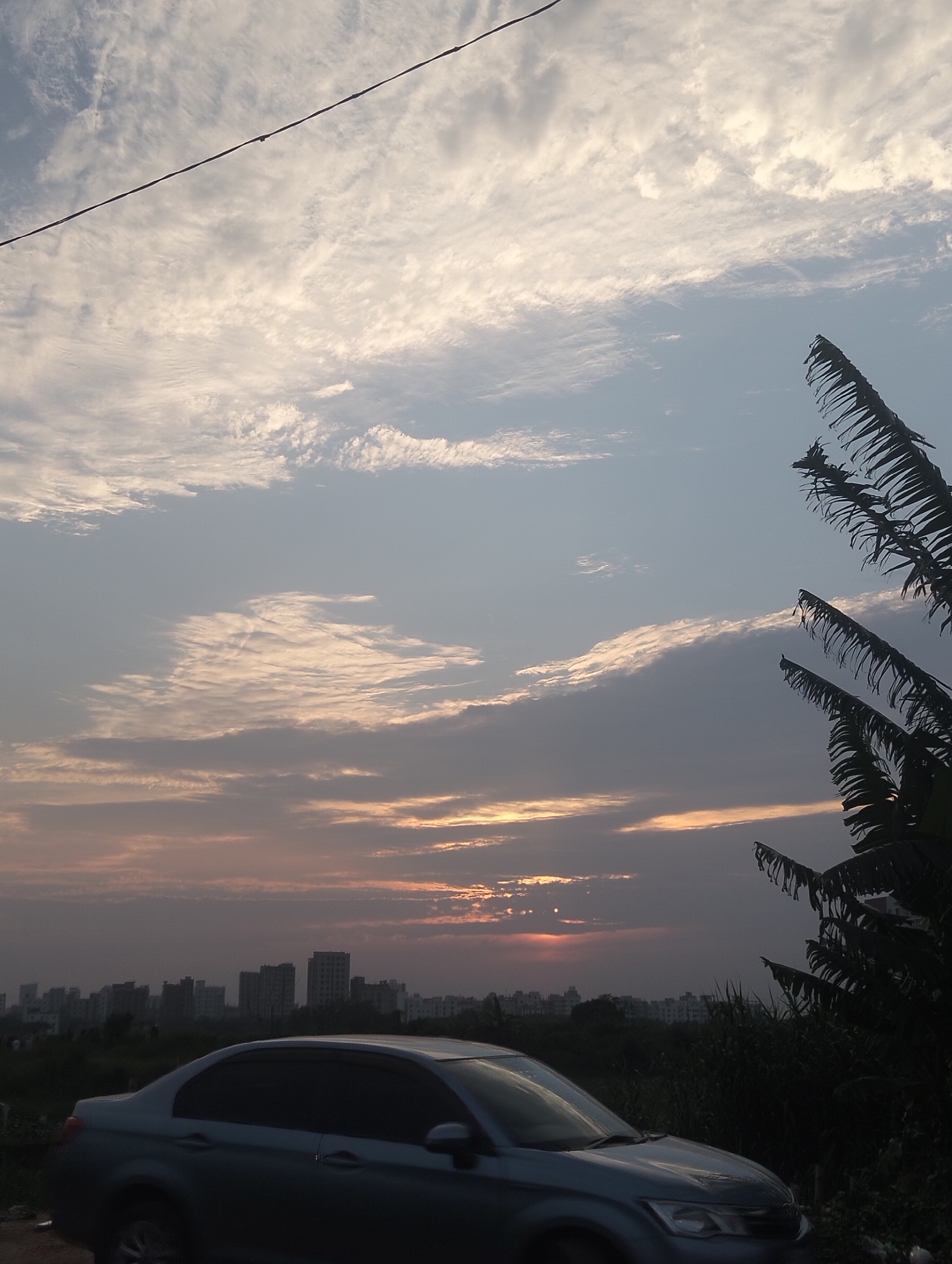 A parked gray sedan occupies the lower portion of the image. In the background, a cityscape silhouette indicates the location might be in Dhaka, Bangladesh. Above the buildings, the sky displays a sunset with orange and pink hues peeking through the clouds. A set of banana leaves are seen on the right of the shot. An electrical cable runs diagonally across the top left of the image.