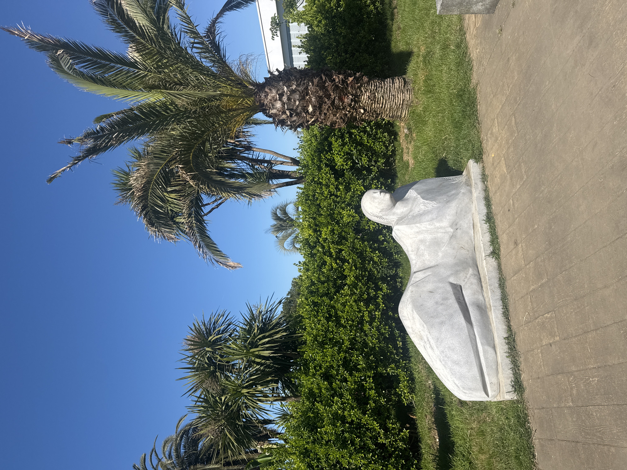 The image depicts a park scene in Batumi, Georgia, featuring a white marble sculpture of a reclining female figure. The sculpture is positioned on a concrete path, adjacent to a well-manicured hedge and lawn. The background includes palm trees against a clear blue sky. The photograph is taken from a low angle, emphasizing the sculpture and the tropical vegetation. There are no visible people in the frame.