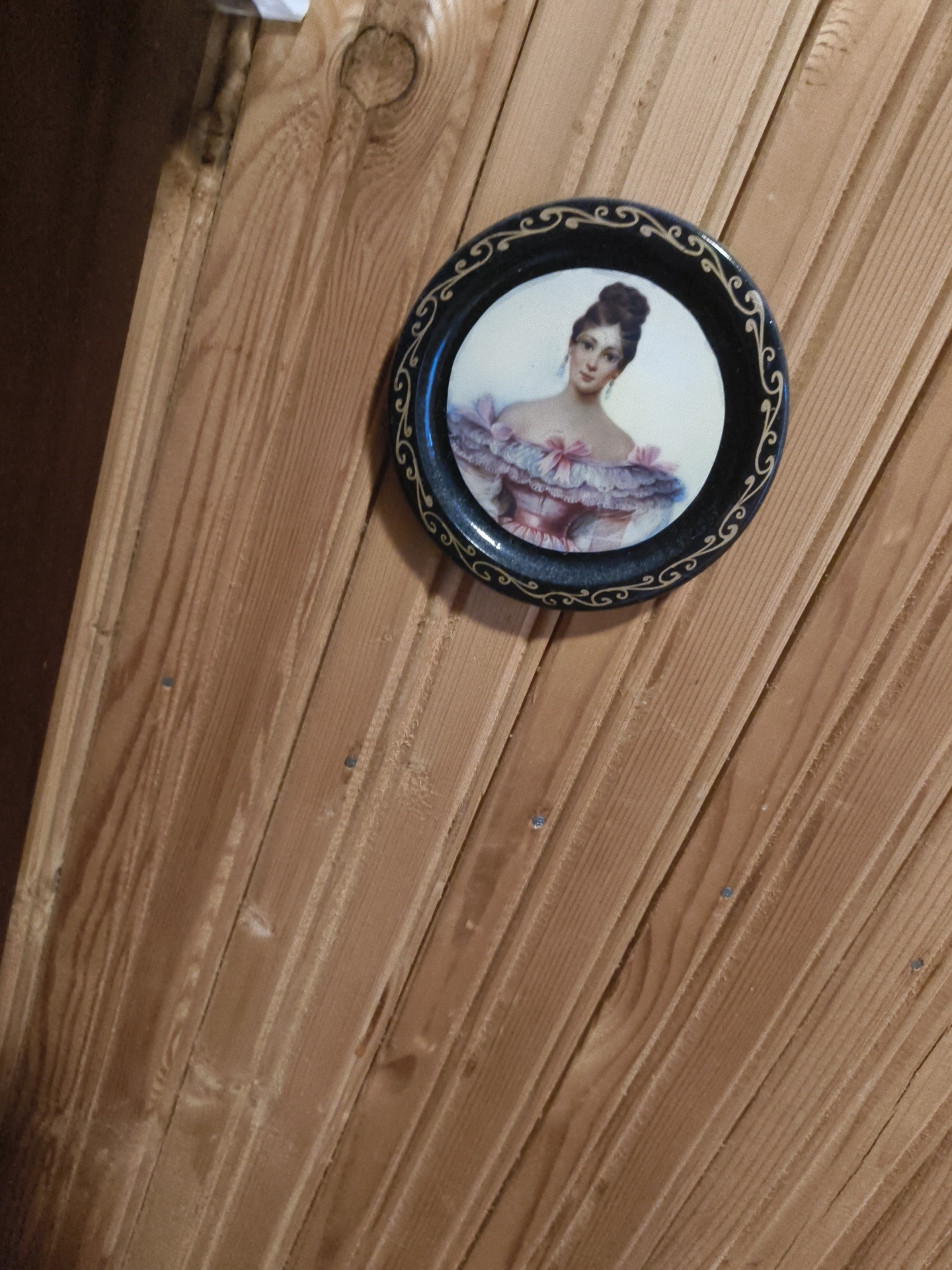 A circular framed decorative plate featuring a portrait of a woman in period dress is affixed to a wooden paneled wall. The woman has dark hair styled in an updo and wears a ruffled, pink and white dress with a bow. The frame of the plate is black with a decorative gold trim. The wall is constructed of light-colored wooden planks with visible grain and some nails. The lighting suggests an indoor setting, possibly a rustic or traditionally decorated room. The scene is static and no action is taking place. The location is identified as Востец Снт, Russia.