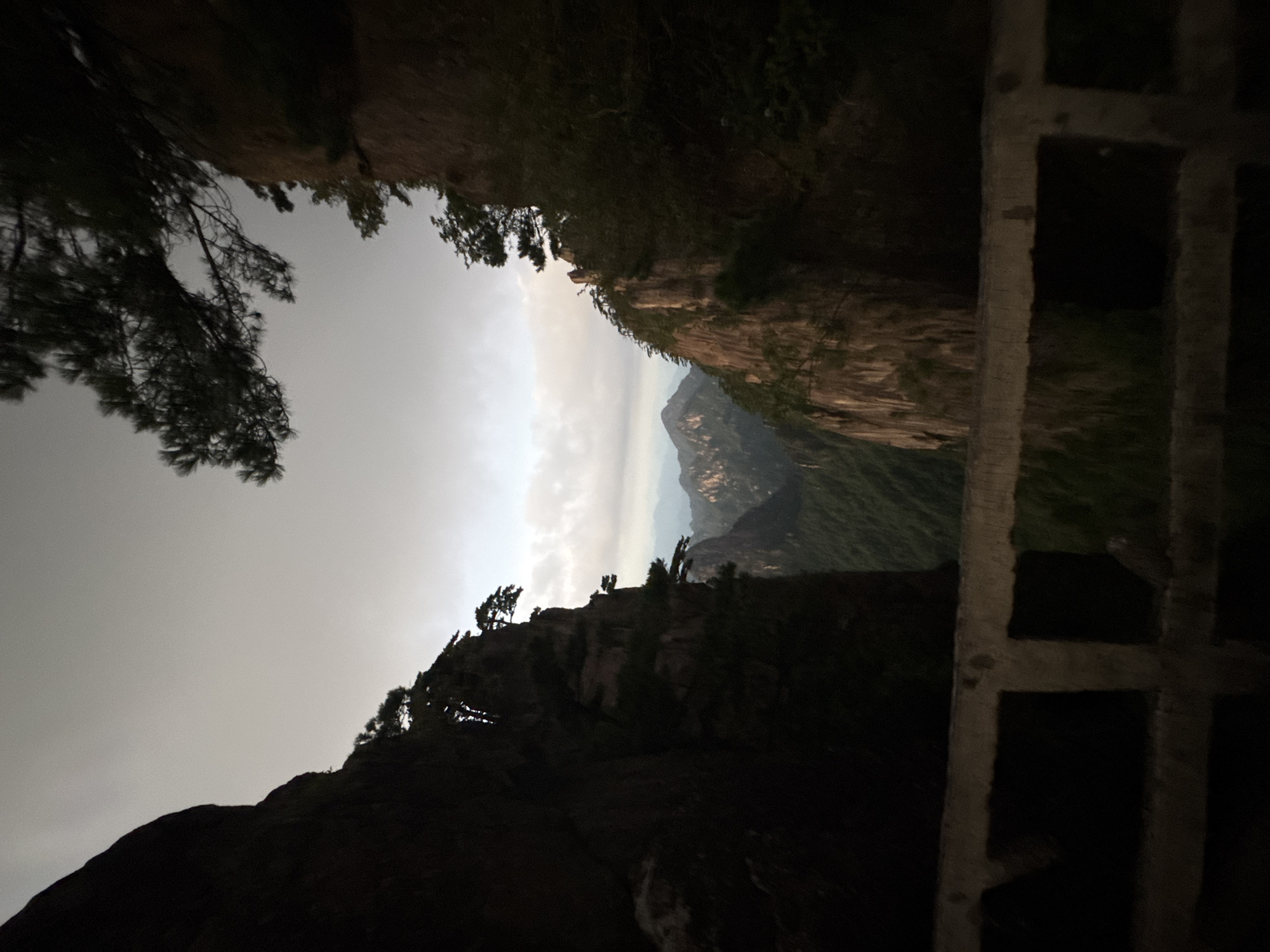 The image depicts a mountain vista in the Huangshan District, China, under an overcast sky. In the foreground, a concrete railing runs horizontally across the lower part of the frame. Beyond the railing, two sheer, dark, rocky cliffs dominate the left and right sides of the image, framing a central view of a verdant mountain valley. These mountains are characterized by steep slopes covered in lush green trees, and further distant peaks are visible, fading into the hazy sky. Several pine trees are precariously growing from the cliff faces, their branches reaching out into the open space. The overall lighting suggests either early morning or late evening, contributing to the somewhat dim and atmospheric quality of the scene. There are no people visible in the image.