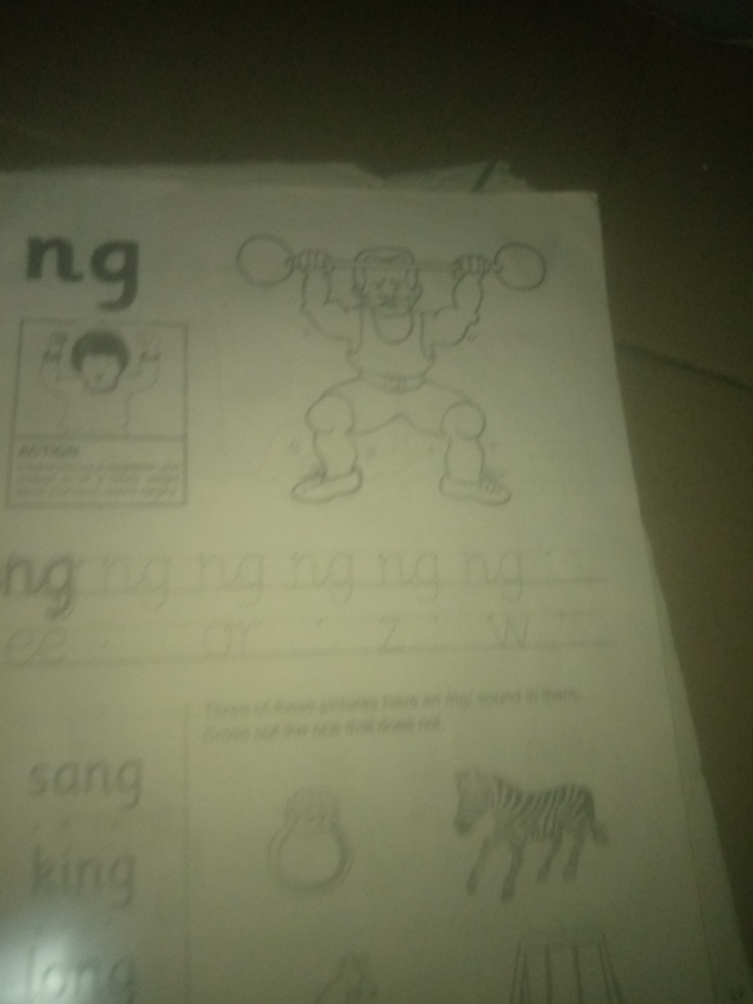 The image displays a page from a children's educational worksheet. In the upper section, a cartoon drawing depicts a person lifting a barbell. To the left of the drawing, the letters "ng" are printed in large font. Below the "ng," there is a smaller box containing a drawing of a child with their arms raised, accompanied by text that appears to be an instruction or activity description.
The middle section of the page contains handwritten cursive letters, including "ng" repeated several times, and the letters "Z" and "W." Below these, there is a line of text that reads, "These of these pictures have an ing! sound in them." and "Cross out the one that does not."
The bottom section of the page features two words written in large print: "sang" and "king." To the right of these words, there are three drawings: a ring, a zebra, and a partial image of a table or structure with legs.
The image is an indoor shot, likely taken in a classroom or home setting. The lighting is dim and uneven, casting shadows across the page. The page itself appears to be a piece of paper, possibly from a workbook. The background is dark and out of focus. The specific location of Jauro Yinu, Nigeria, is not evident from the visual information present in the image.