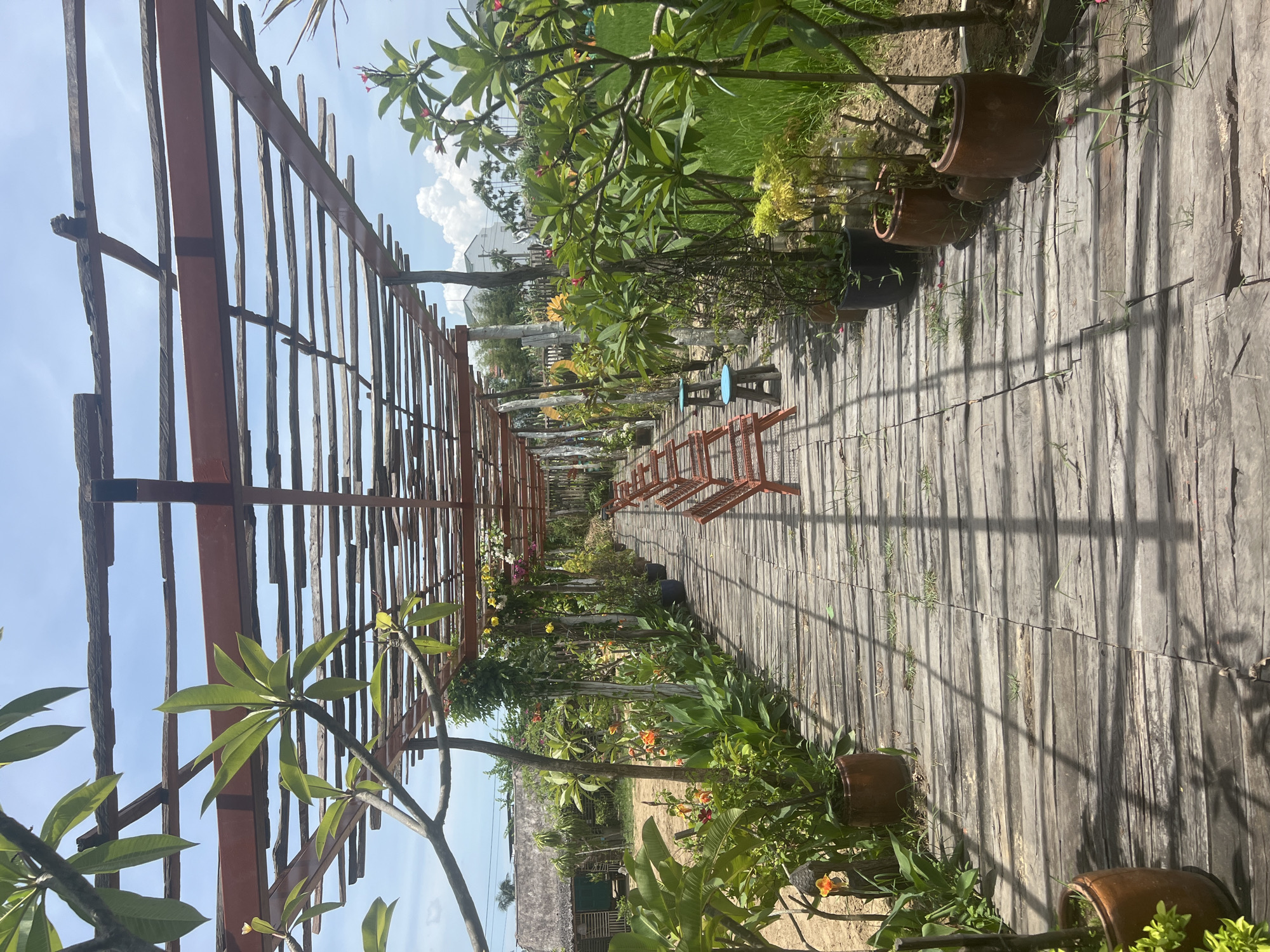 The image depicts a wooden walkway leading through a garden with lush greenery and flowering plants, situated under a rustic wooden pergola. To the left, a thatched-roof structure, possibly a building or hut, is visible in the background. On the right side of the walkway, a vibrant green field, likely a rice paddy, extends towards the horizon. In the distance, palm trees and some modern buildings can be seen. The overall scene suggests an outdoor cafe or restaurant setting, potentially located in the rural outskirts of Hoi An, Vietnam, known for its agricultural landscapes and scenic beauty. The atmosphere is serene and natural, with the wooden structure casting dappled shadows on the pathway.