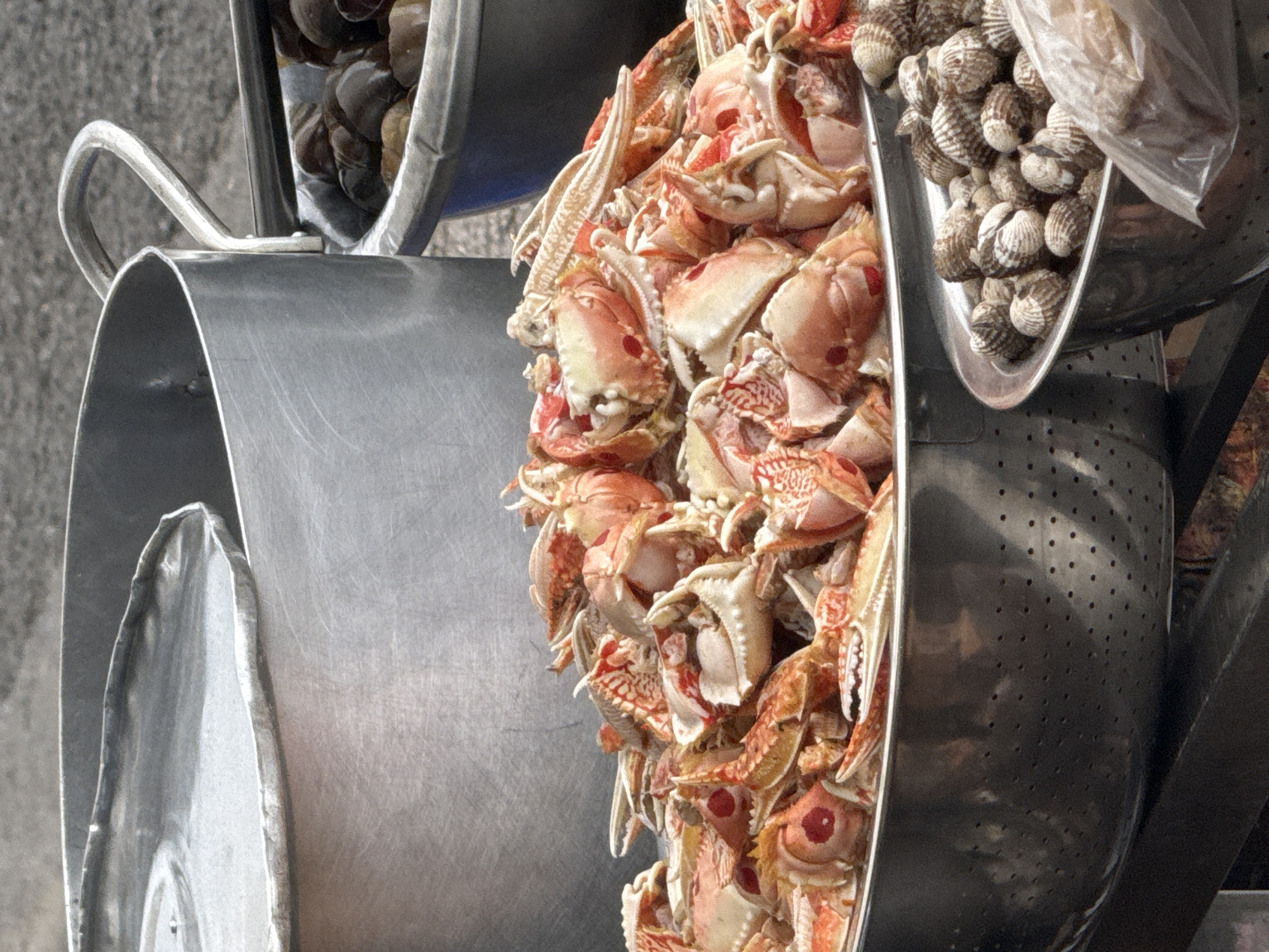 The image depicts an outdoor food stall in Da Lat, Vietnam, focusing on seafood preparation. In the foreground, a large metal colander is filled with a pile of cleaned crab pieces, predominantly featuring orange and white shell fragments, claws, and legs. The crabs appear to be precariously arranged, with some pieces spilling over the rim of the colander.
Behind the colander of crabs, a large, weathered aluminum pot with a lid is prominently displayed. The pot has a robust handle on its right side. To the right of the crab colander, another metal bowl contains a mound of cockles. These shellfish are oval-shaped with ribbed shells in shades of gray and white. A clear plastic bag, partially obscuring the cockles, is visible in the lower right corner.
The overall environment suggests a market or street food setting, with a textured, possibly asphalt or concrete ground visible in the background. The lighting indicates it is daytime. There are no people visible in the frame. The scene is characterized by its focus on raw ingredients ready for cooking.