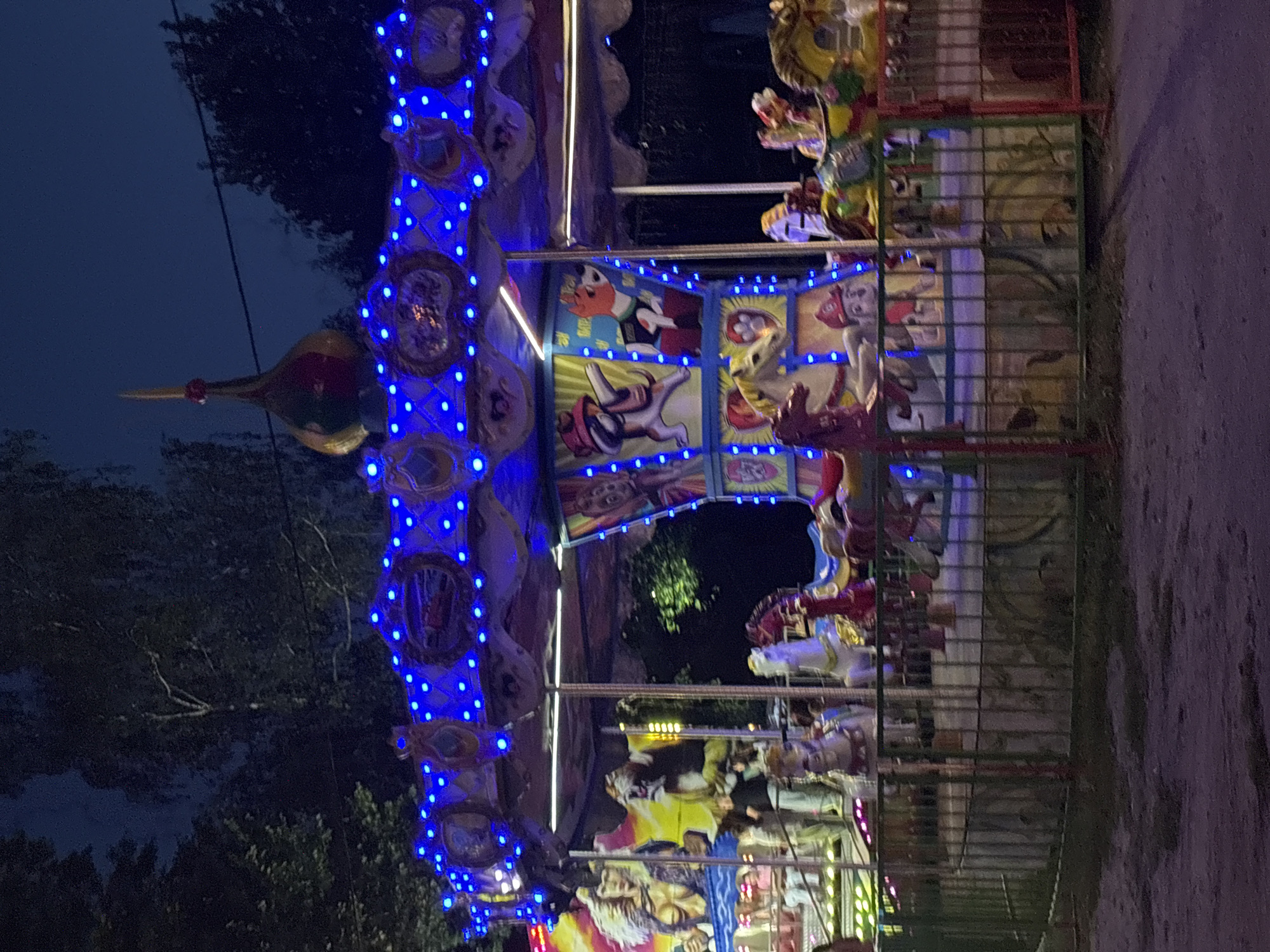 The image shows a brightly lit carousel at night, likely in the city of Bila Tserkva, Ukraine. The carousel is decorated with blue lights and features various animal figures, including horses. The background consists of dark trees against a twilight sky, suggesting an outdoor amusement park or fair. Several people are visible on or near the carousel, suggesting it is in operation. The overall impression is one of a festive, nighttime scene.