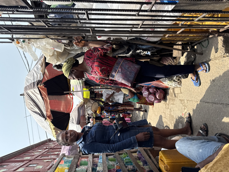 This image depicts a bustling outdoor market scene in the city of Lagos, Nigeria, under bright daylight. The foreground features two adult females standing on a paved walkway.
On the left, a young adult female with dark, braided hair wears a long-sleeved denim dress, dark flat sandals, and a small black shoulder bag. She stands facing slightly right, looking into the distance. To her immediate left, a market stall displays numerous colorful plastic household items, including cups and bowls, arranged on wooden shelves.
On the right, a middle-aged female wears a green head wrap, a red patterned short-sleeved top, dark trousers, and blue flip-flops. She carries a patterned shoulder bag slung across her body. Her right hand grasps a vertical rebar element of a dark metal grid structure, which appears to be part of a market stall or protective barrier. She looks to her left, towards the other woman or the market activity. Behind the rebar, various items, including crumpled plastic bottles and fabric, are stored.
In the lower-left foreground, the legs and lower torso of a person wearing light blue jeans and dark sandals are visible, alongside a large yellow plastic jerrycan on the ground. Between the two women, several reddish-brown plastic jerrycans are stacked on the paved surface. The background reveals additional individuals engaged in market activities, including a woman balancing an object on her head and a male in a white t-shirt. Numerous market stalls are visible, shaded by large, weathered parasols of various colors (beige, black, red, white). A multi-story red brick building with windows is present on the far left. Overhead, electrical or communication wires crisscross against a clear, bright sky.
