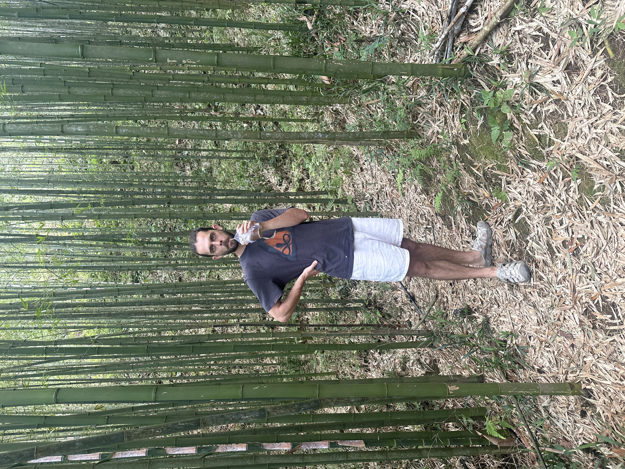 A man stands among bamboo stalks in an area covered with bamboo leaves. He is wearing a gray shirt, white shorts, and light-colored shoes. He holds a clear bottle up to his mouth. The location is Ngã Ba Kim, Vietnam.