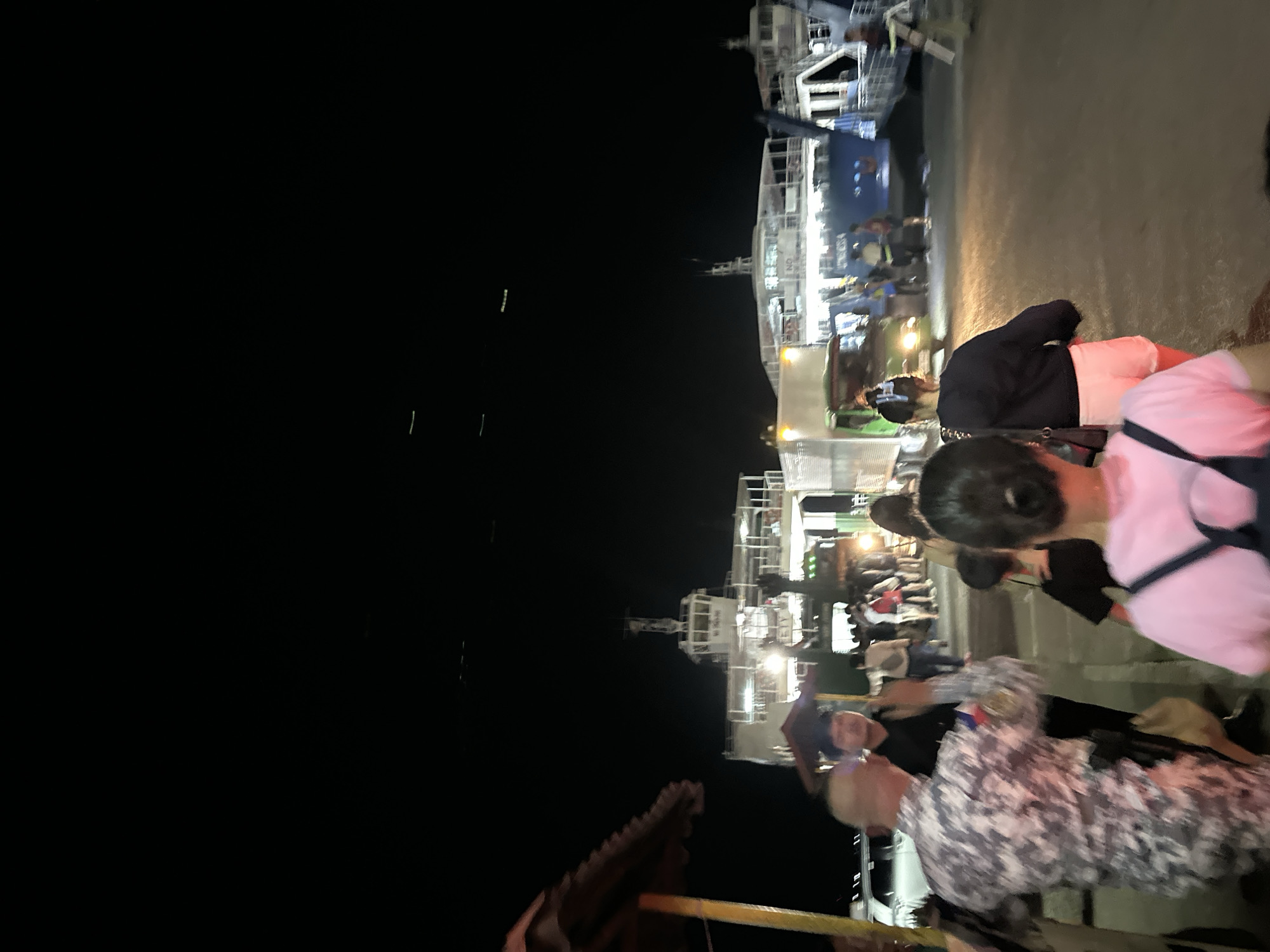 This nighttime image depicts a bustling scene at a ferry terminal or port in Davao City, Philippines. The dark sky dominates the left side of the frame, contrasting with the brightly lit dock area and ferries on the right.
Numerous people are present, appearing to be passengers either disembarking from or waiting to board the large vessels. Many individuals are seen from behind, walking across the paved dock, some carrying bags or wearing backpacks. Their movement suggests an active public transport hub.
Several large ferries are docked, their multi-deck structures illuminated by numerous artificial lights. One of these ferries shows faint text on its side, partially readable as "NO PARKING" and possibly "LCT," indicating a type of vessel or a portion of its name. A vehicle, resembling a truck or van, is also visible near the ferry ramps, suggesting cargo or vehicular transport.
The artificial lighting from the ferries and dock lights casts a warm glow on the ground and people, creating a lively atmosphere despite the darkness. The image exhibits some motion blur, hinting at the dynamic activity of a public transport hub at night. A partial view of a wooden or thatched structure can be seen in the immediate lower foreground, possibly part of a market stall or waiting shelter. The overall impression is one of routine travel and connections provided by ferry services in a busy urban port in Davao City.