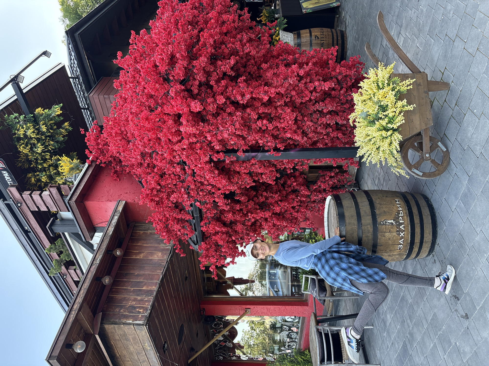 An outdoor scene in Kiparisnoe, Ukraine, depicts a woman posing in front of a building adorned with red artificial flowers. The building features red-painted walls, dark wooden facades, and large windows. Signs with Cyrillic text, including "TOPAH" (likely Restaurant) and "ОКТЕБЕЛЬ" (Koktebel, a wine region), are visible on the building and a barrel. The woman, an adult female, wears a white baseball cap, a light blue long-sleeved shirt, dark grey leggings, and multi-colored athletic shoes, with a blue and white plaid shirt tied around her waist. She smiles at the camera, leaning her left arm on a large wooden barrel that displays Cyrillic text "ВИНЗАВОД" (Winery) and "ЗАХАРЬИН" (Zakharin). Her right leg is lifted and bent behind her. To her left, two outdoor tables with chairs are visible. In the lower right foreground, a wooden wheelbarrow filled with artificial yellow flowers sits on the grey paved ground. A dense mass of vibrant red artificial flowers covers the right side of the building's facade. The sky above is clear.