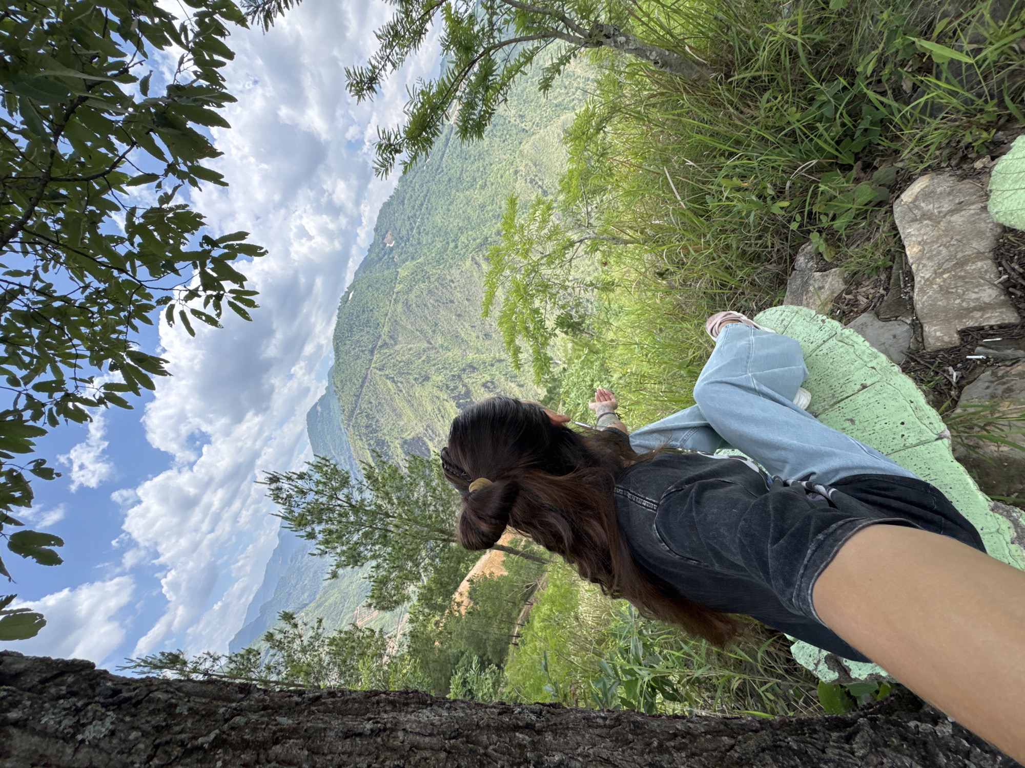 A high-angle, slightly rotated outdoor shot features a person sitting on a green-painted rock formation at what appears to be a high vantage point. The person has long, dark brown hair styled in a looped bun, a black denim jacket, and light blue jeans.
The background reveals a lush, green mountainous landscape under a sky with scattered white clouds and patches of blue. Vegetation is dense, with trees and grasses filling the scene. A rough-textured tree trunk is visible at the lower part of the image, adding to the foreground detail. The image is likely taken in the Lũng Cú Commune, Vietnam, based on the mountainous terrain and vegetation typical of that region.
