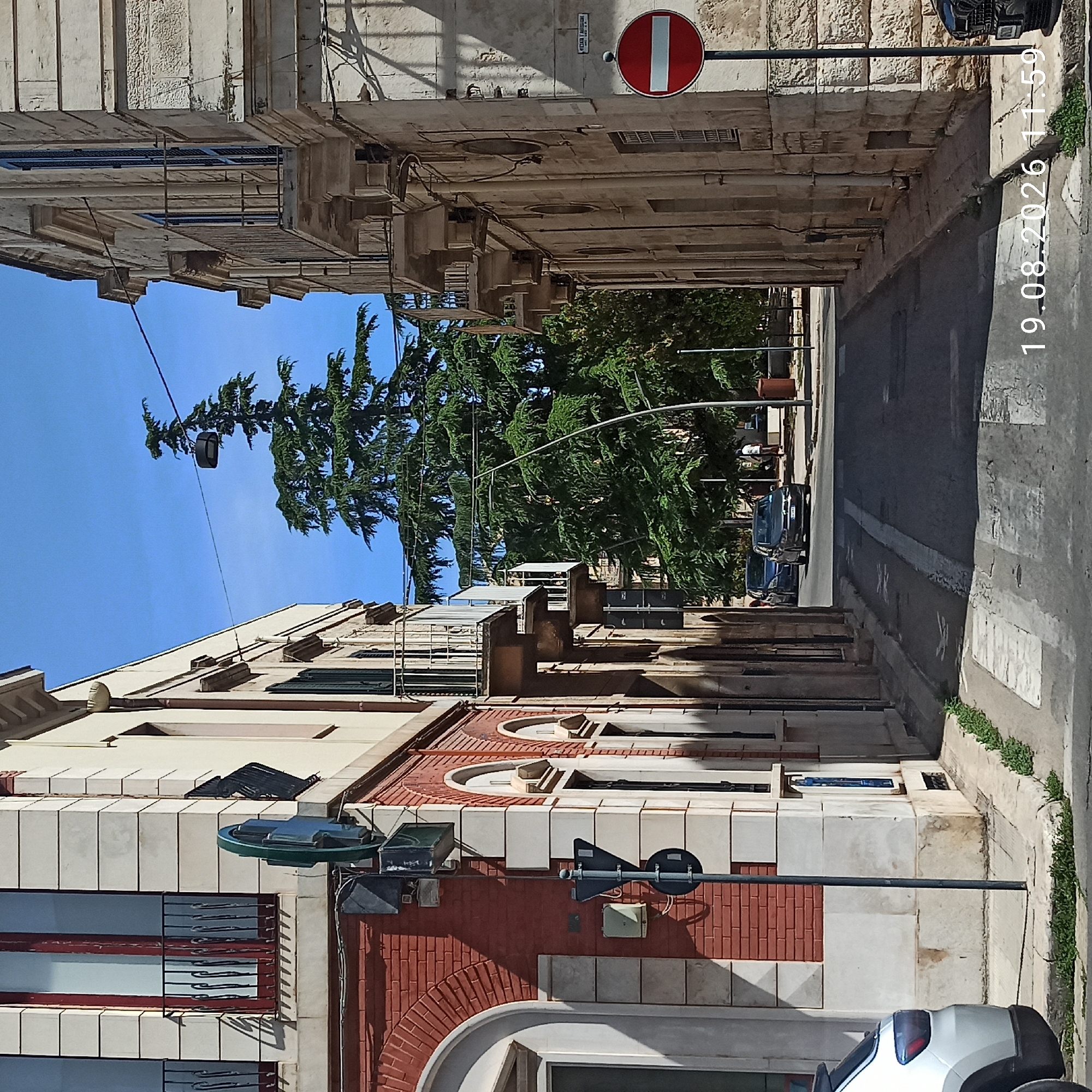 In the city of Ruvo di Puglia, Italy, on August 19, 2026, at 11:59 AM, a narrow street is depicted under a clear blue sky. The street is bordered by buildings on both sides. The left side features a building with a red brick lower facade and lighter stone upper facade, adorned with arched entrances and balconies with black railings. A prominent green pharmacy sign is mounted on the corner of this building. On the right side, a building with a rough-hewn stone facade, also featuring balconies with railings and shuttered windows, lines the street. A red circular traffic sign with a horizontal white bar, indicating "No Entry," is visible on a pole near the right side of the street.
The street itself is paved with asphalt, marked with white lines indicating a crosswalk. Several cars are present: a silver SUV is partially visible on the far left, and two cars, a dark gray sedan and a blue sedan, are further down the street. A large, mature evergreen tree dominates the background, casting shadows on the street and buildings. Power lines are strung across the upper portion of the scene, and a street lamp is suspended from one of these lines above the tree. In the distance, a trash receptacle and a few figures, possibly pedestrians, are faintly visible. The overall impression is a quiet street scene in a Mediterranean town.