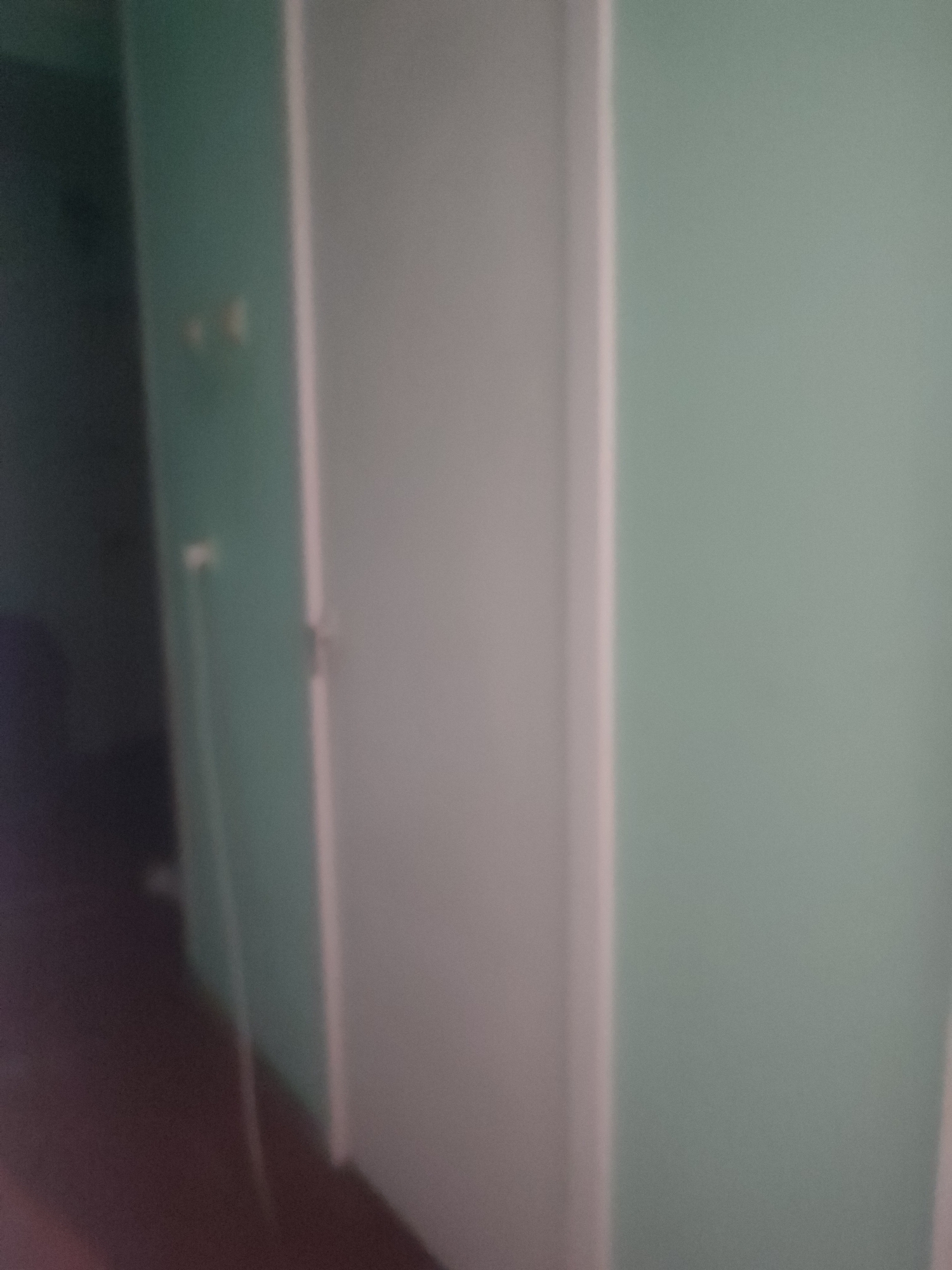 The image shows a slightly out-of-focus view of an interior space. On the left side, there is a dark area that appears to be a doorway or opening into another room, with a dimly lit brown floor. Adjacent to this, a light green wall is visible, on which two small, blurry, light-colored rectangular objects are mounted. A thin white cord hangs down from the wall near the center of the image. To the right of the green wall, a light-colored door or wall panel occupies the majority of the frame. The overall impression is of a hallway or entryway within a building, likely residential or an office. The image is not of a specific location in Chernivtsi, Ukraine, but rather a generic indoor scene.