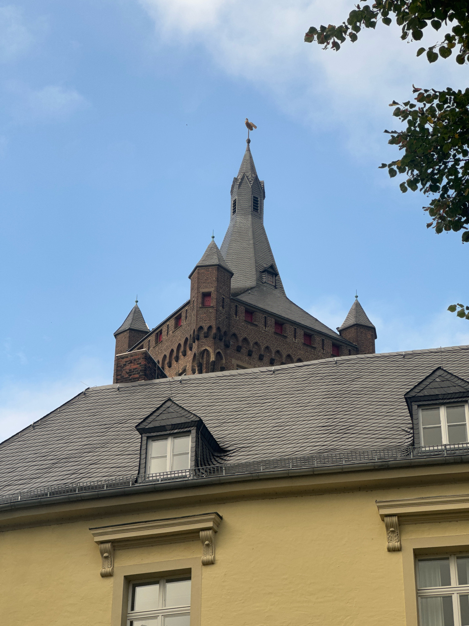The image shows a view of the Cleves Castle in Cleves, Germany, with a portion of a yellow building in the foreground. The castle features brick construction, multiple conical towers, and a prominent central spire topped with a weather vane. The roof of the castle is dark gray. In front of the castle, a yellow building with a gray, shingled roof and dormer windows is visible. The sky is clear blue with some scattered white clouds. Foliage from a tree is present in the upper right corner of the image.
