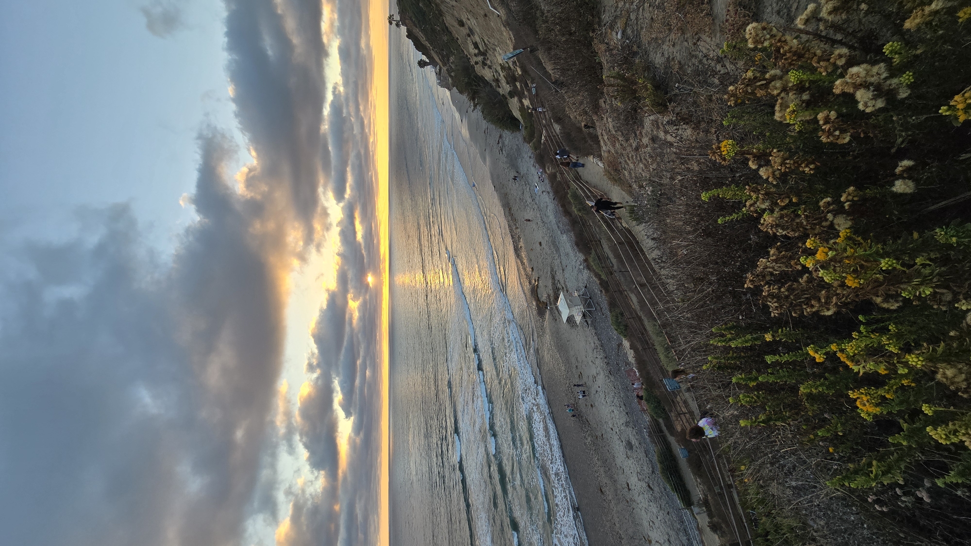 This is an aerial, vertical, outdoor photograph taken at dusk in Encinitas, California, USA. The scene captures a coastal landscape with a view of the Pacific Ocean during sunset. The sky is filled with dramatic clouds, with the sun setting on the horizon, casting a golden reflection on the water. The beach below is sandy, with gentle waves rolling in. A path winds down the cliffside, with a few people walking along it, some carrying surfboards. There is a lifeguard tower on the beach. The foreground is dominated by dense, dry vegetation, with some small yellow wildflowers. The overall impression is one of natural beauty and tranquility.